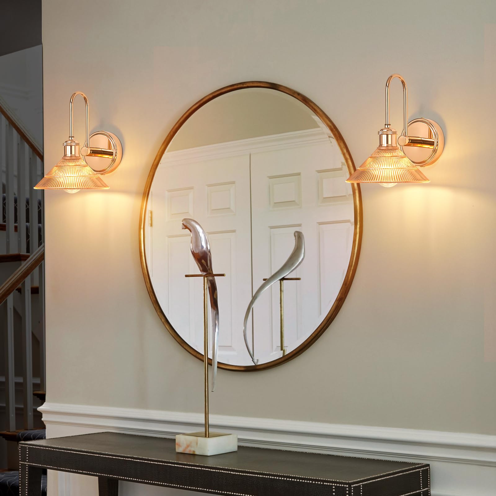 Wandleuchte Set 2-tlg, Goldfarben Vintage Wandlampe mit Rundem Bernsteingelben Glasschirm, Festverkabelte Wandleuchten für Schlafzimmer, Badezimmer, Wohnzimmer | Inkl. 2 LED Birnen