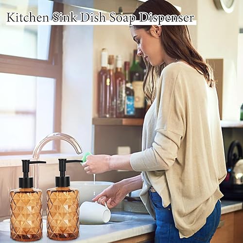 Miniatura 5 de Dispensador de jabón de vidrio ámbar, juego de 2 dispensadores de jabón líquido de manos de 11 onzas para fregadero de cocina y baño, juego de