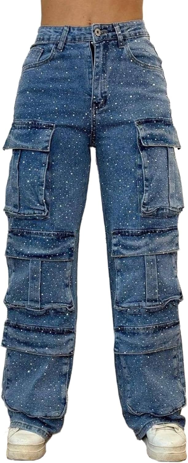Women's High Waisted Cargo Jeans, Rhinestone Embellished Denim Pants, Multi-Pocket Wide Leg Design