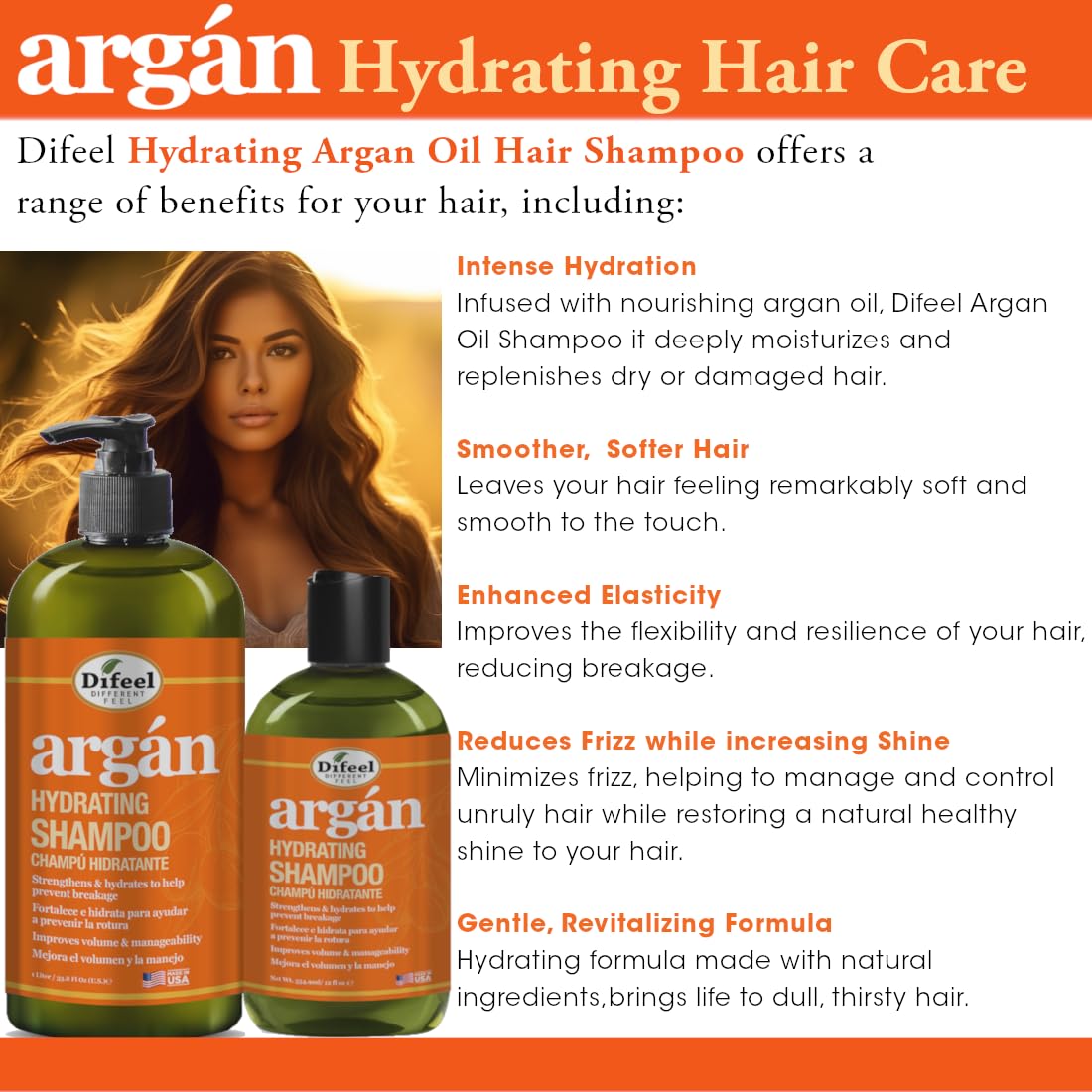 Difeel Shampoo idratante di argan, 350 ml, shampoo all'olio di argan, shampoo per capelli naturale senza solfati