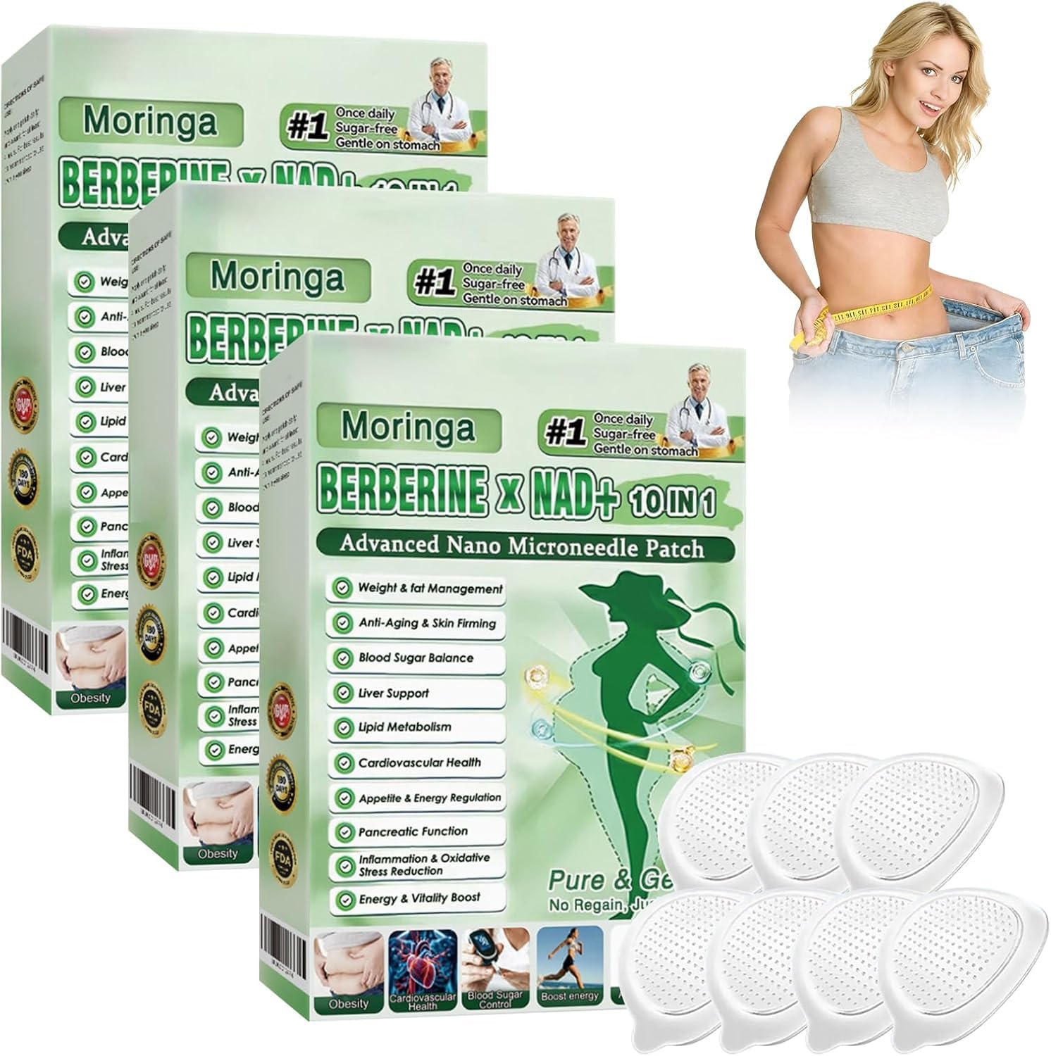 Patch (blue) Moringa NAD+ 10 in 1 Advanced Nano Microneedle Patch, Moringa x Berberine Patches, 7Pcs/Pack Weight Patches, for All Body Types（3 boxes）