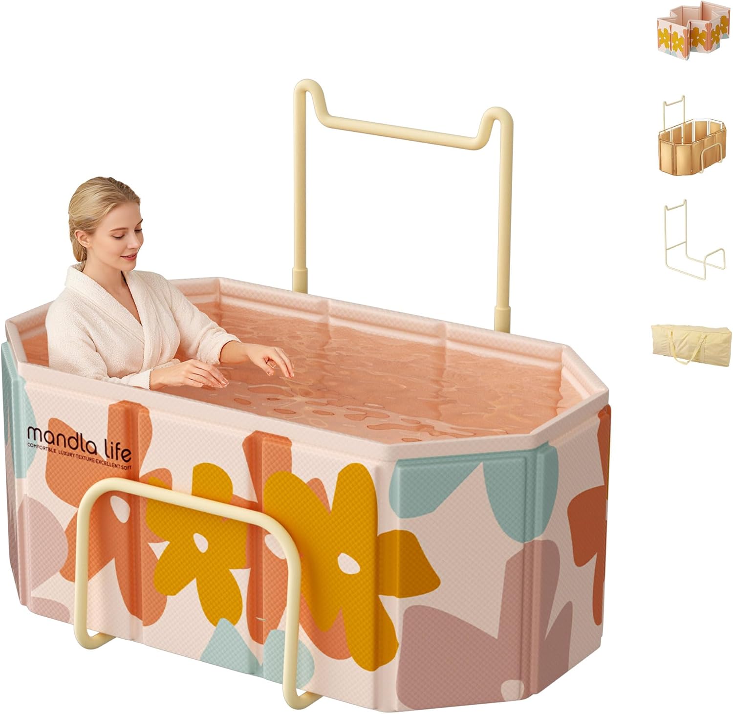TUB ONLY NO FRAMEWORK 47\" Extra Large Portable tub, Foldable Bathtub for Adults, SPA Soaking Tub,Upgrade U-shaped alloy framework collapsible bathtub cold plunge tub (Oval, pink flowers)