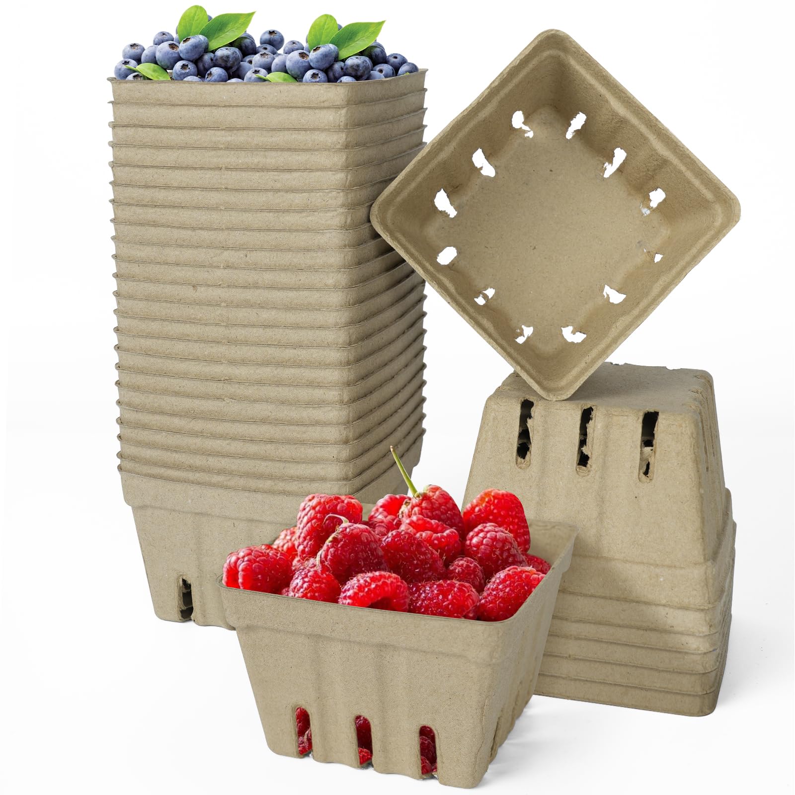 30 Pcs Natural Pulp Fiber Berry Basket, Small Molded Produce Basket for Strawberry, Blueberry, Raspberry, Vegetable Display, Berry Container for Farmers Market, Grocery Store, Fruit Picking
