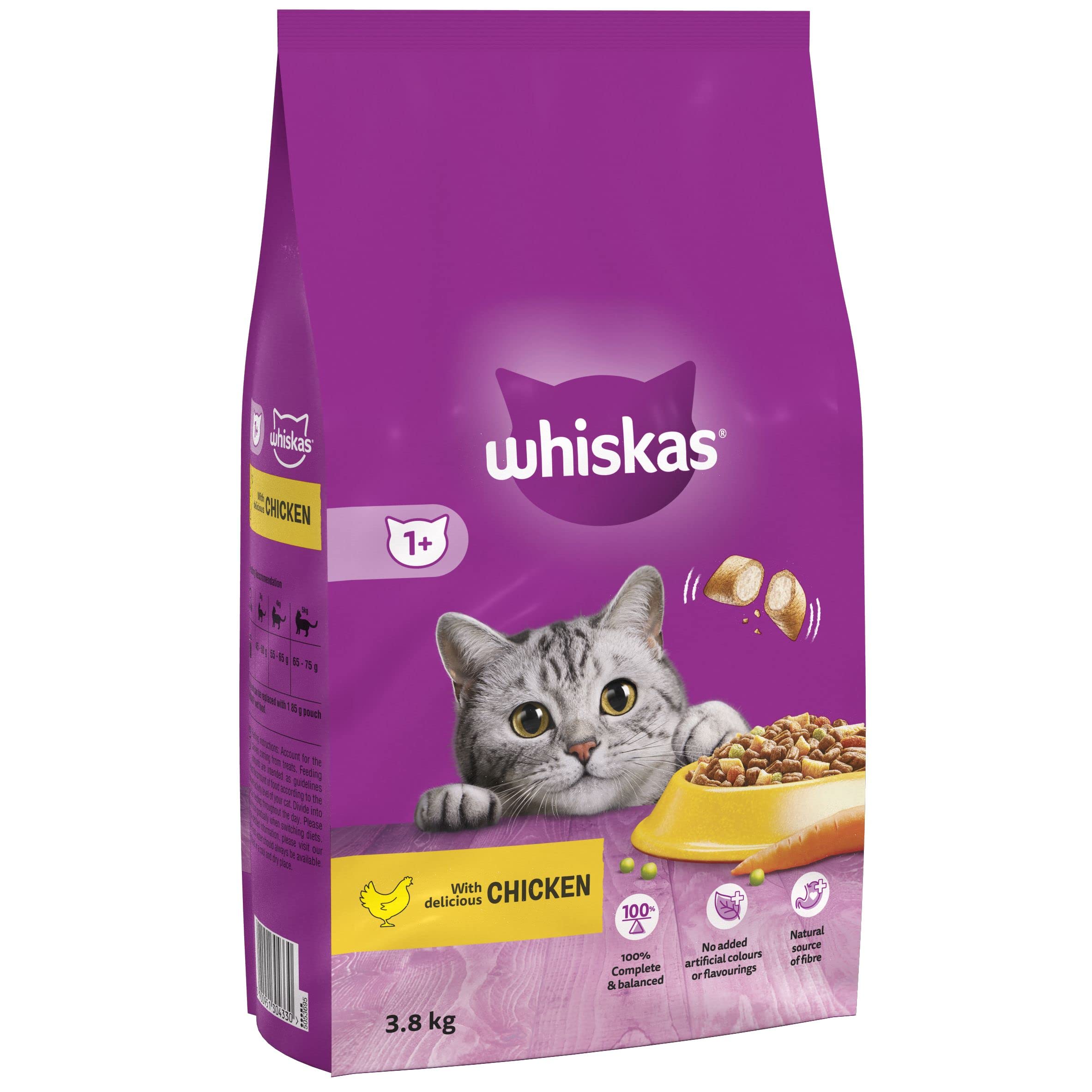 whiskas1+ Chicken Pack of 3 x 3.8 kg Bags, Adult Cat Dry Food