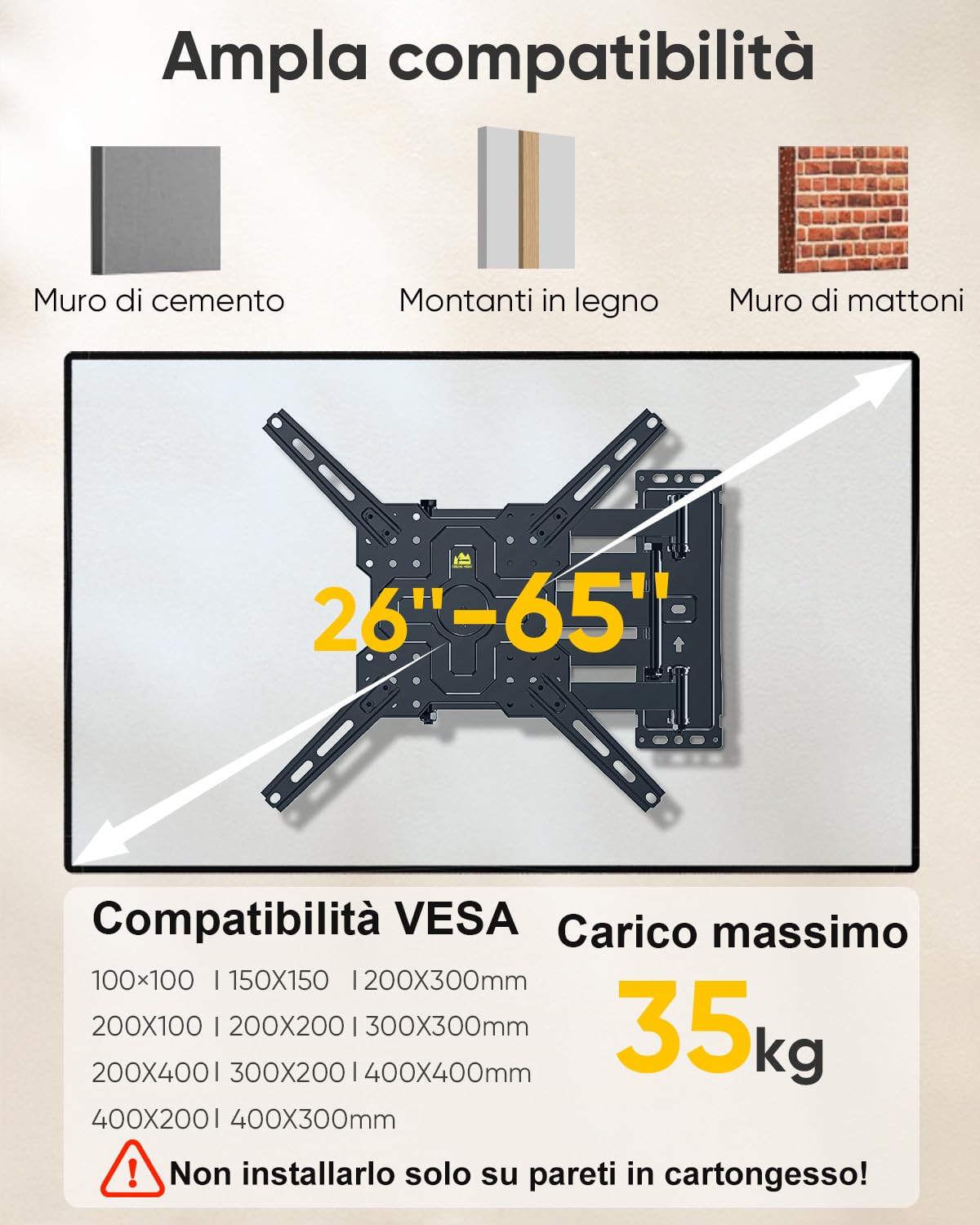 FORGING MOUNT Supporto TV Parete con Braccio Extra Lungo 1035mm per 26-65 Pollici fino a 35KG, Ruotabile a ±90°orizzontale/verticale con 3 bracci pieghevoli, Max VESA 400x400mm
