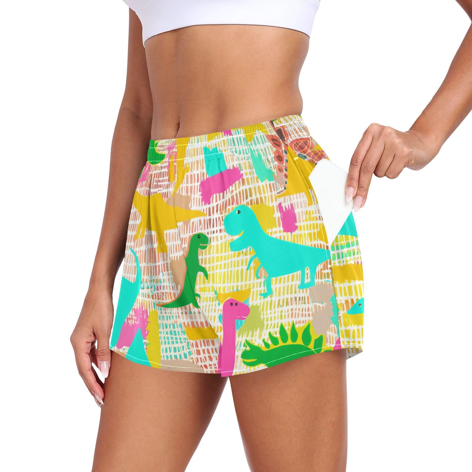 UMIRIKO Colorful Cute Dinosaur Women's Running Shorts with Pockets Sporty Workout Quick Dry Athletic Shorts L 202c1202