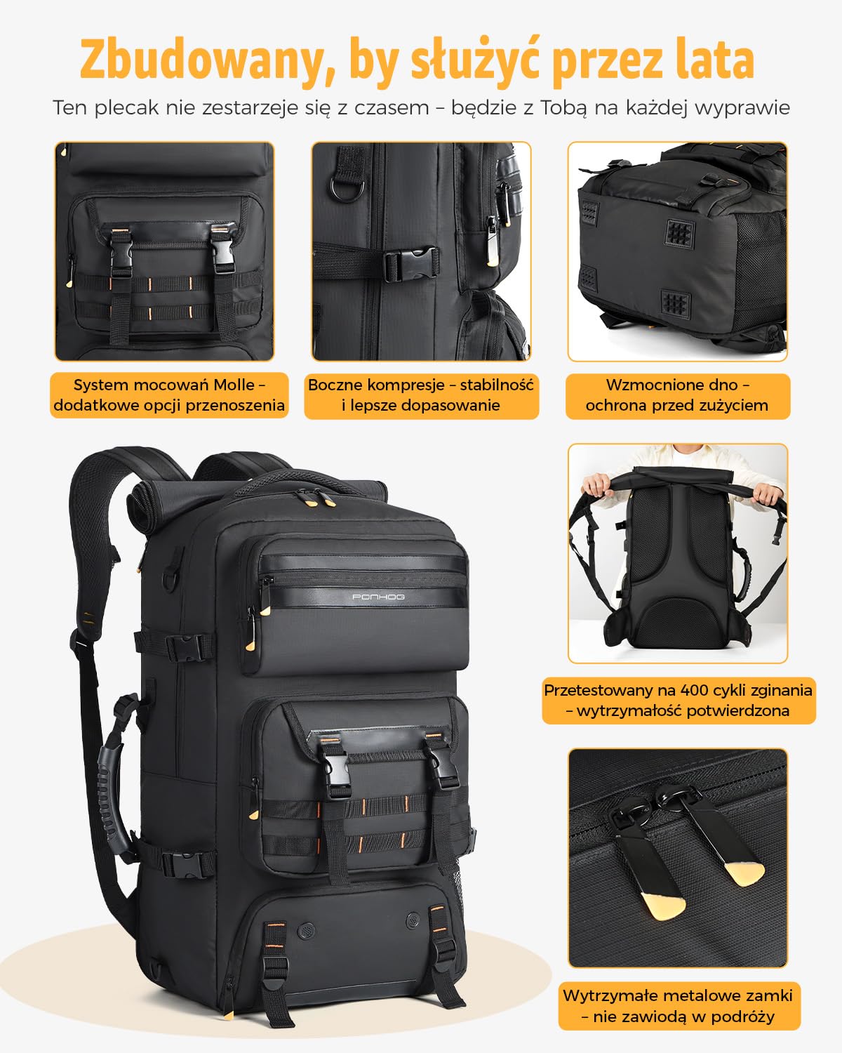 Ponhog Plecak Podróżny dla Mężczyzn, 50L Bagaż Podręczny z Portem USB Wodoodporny, Travel Backpack na Komputer 17,3 Cala, Czarny
