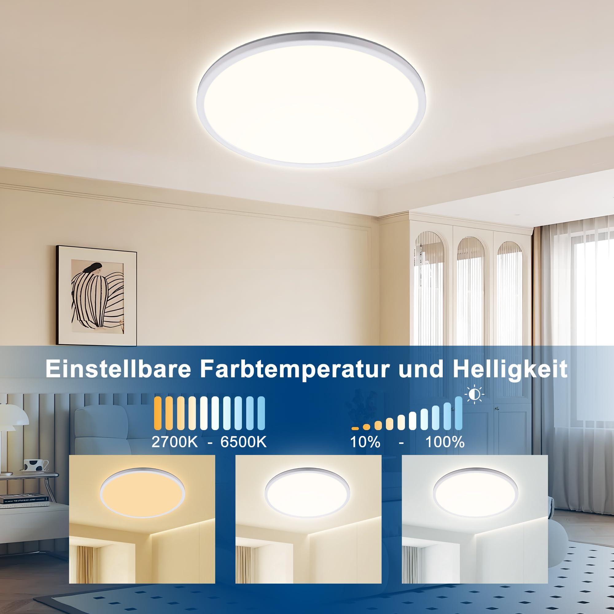ONDTA LED Deckenleuchte Dimmbar 45W, 2700K-6500K 6700LM Deckenlampe Wohnzimmer, IP44 Küchenlampe Badezimmer Lampe Deck, Ultra Dünn LED Panel für Küchen Schlafzimmer, Weiß Rund Ø57 CM