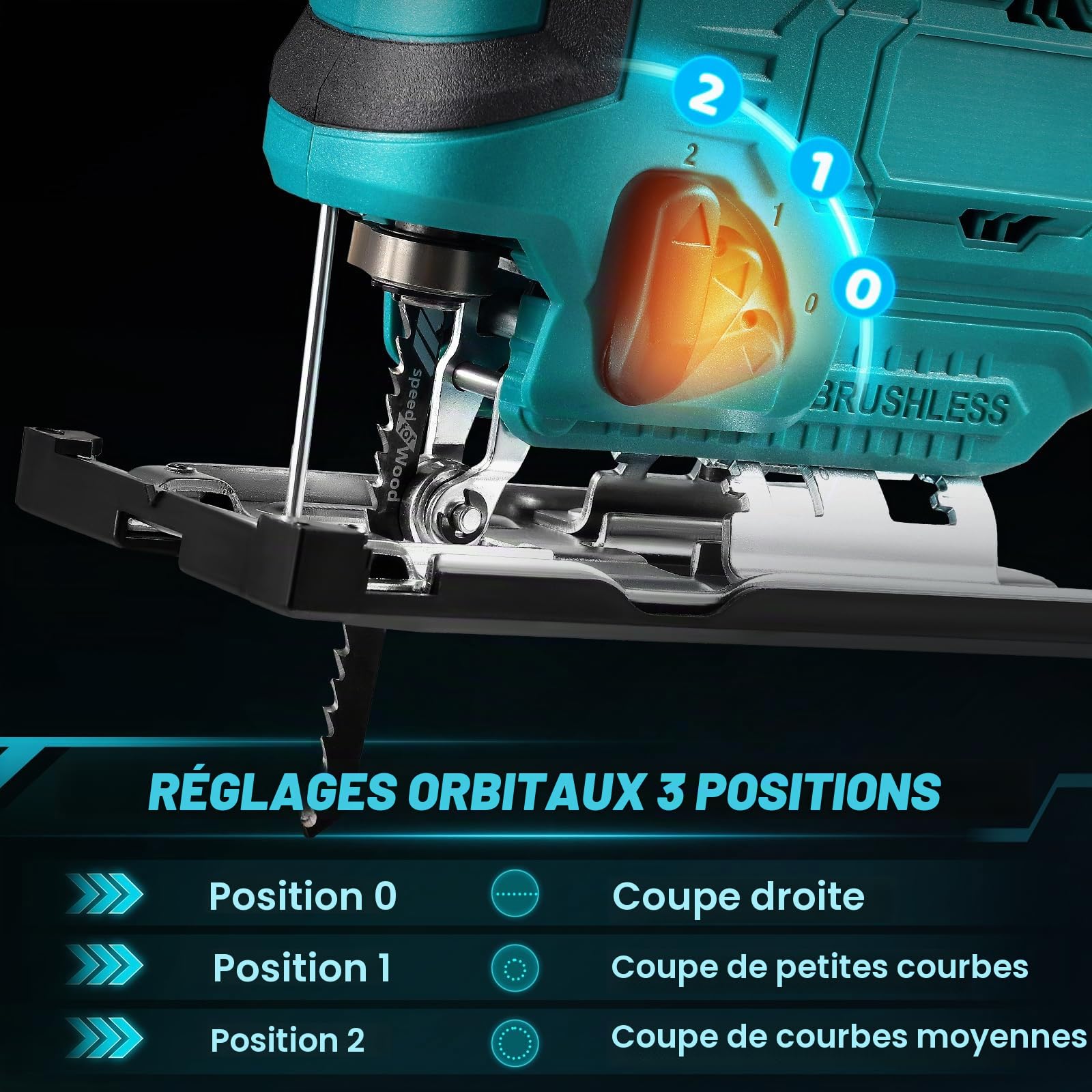 Scie sauteuse électrique avec 3 positions orbitales et coupes en biseau réglables à 45° Compatible avec les batteries 18 V pour la découpe du bois et du métal (Sans batterie)