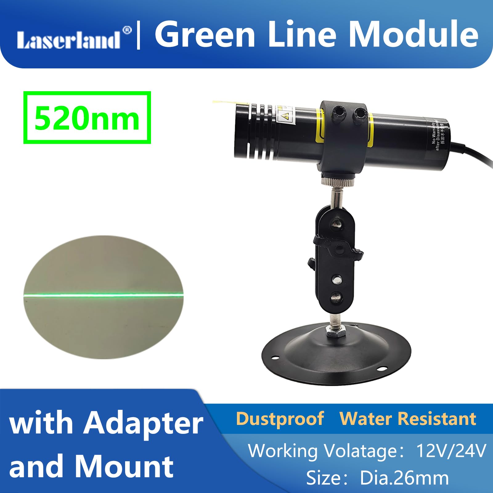 Long Range Water Resistant Outdoor Visible Green Line Light Generator for Halloween Laser Swamp Haunted House Long Distance Stone Wood Feather Alingment 12V/24V 26mm