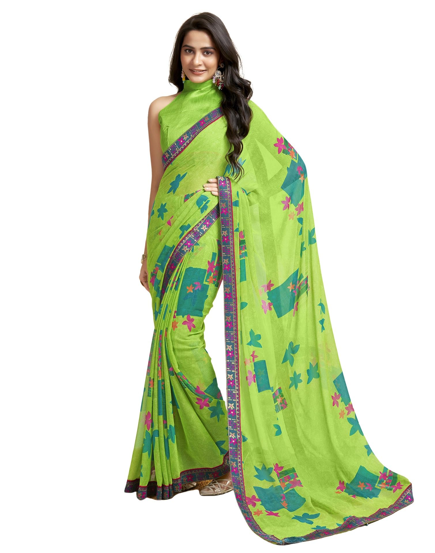 SIRILWomen's Lace & Printed Chiffon Saree with Blouse