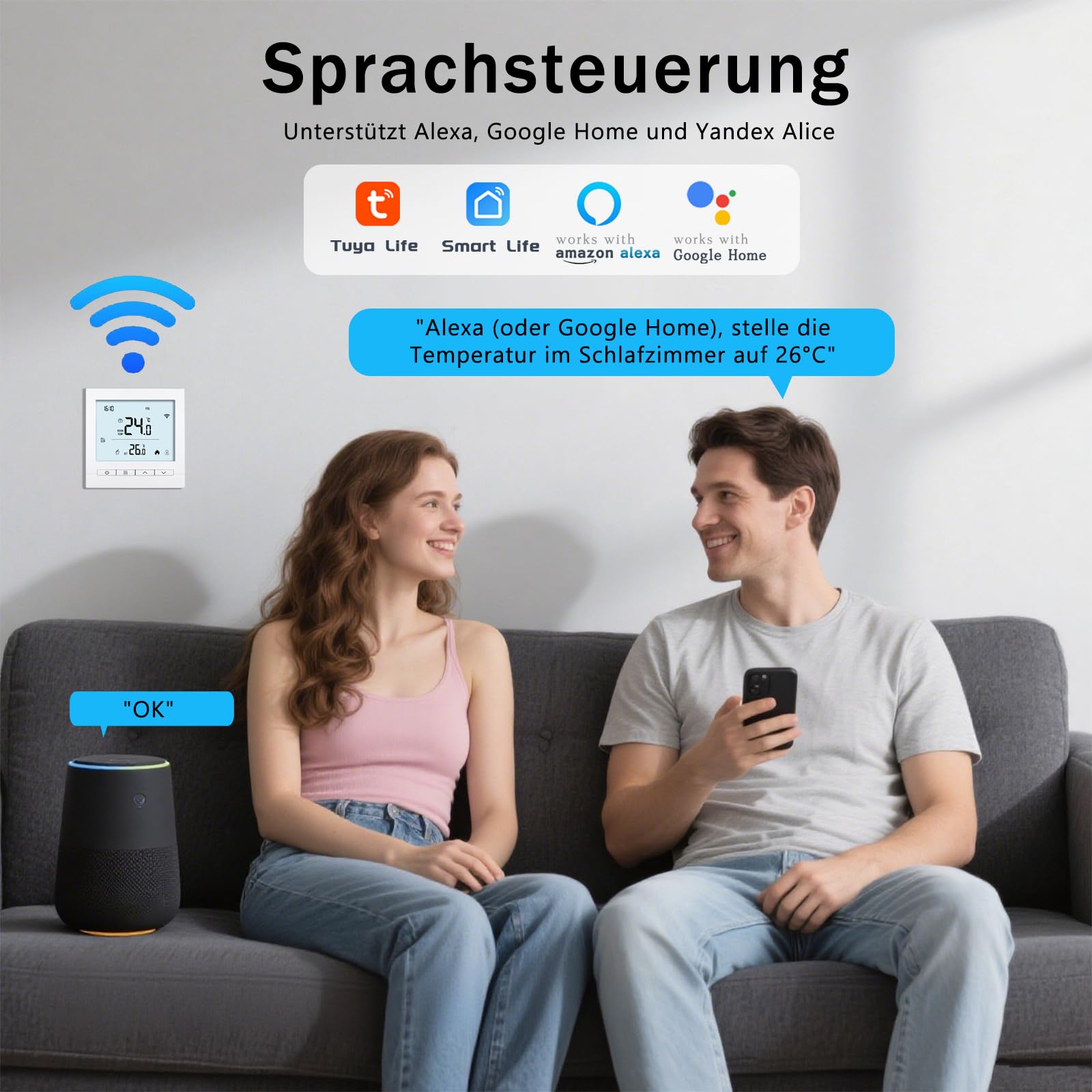 Termostato conectado WiFi Termostato de ambiente inteligente programable Calefacción por suelo eléctrico Termostatos Radiador eléctrico inalámbrico Tuya, con teclado para Alexa, Google Home,16 A