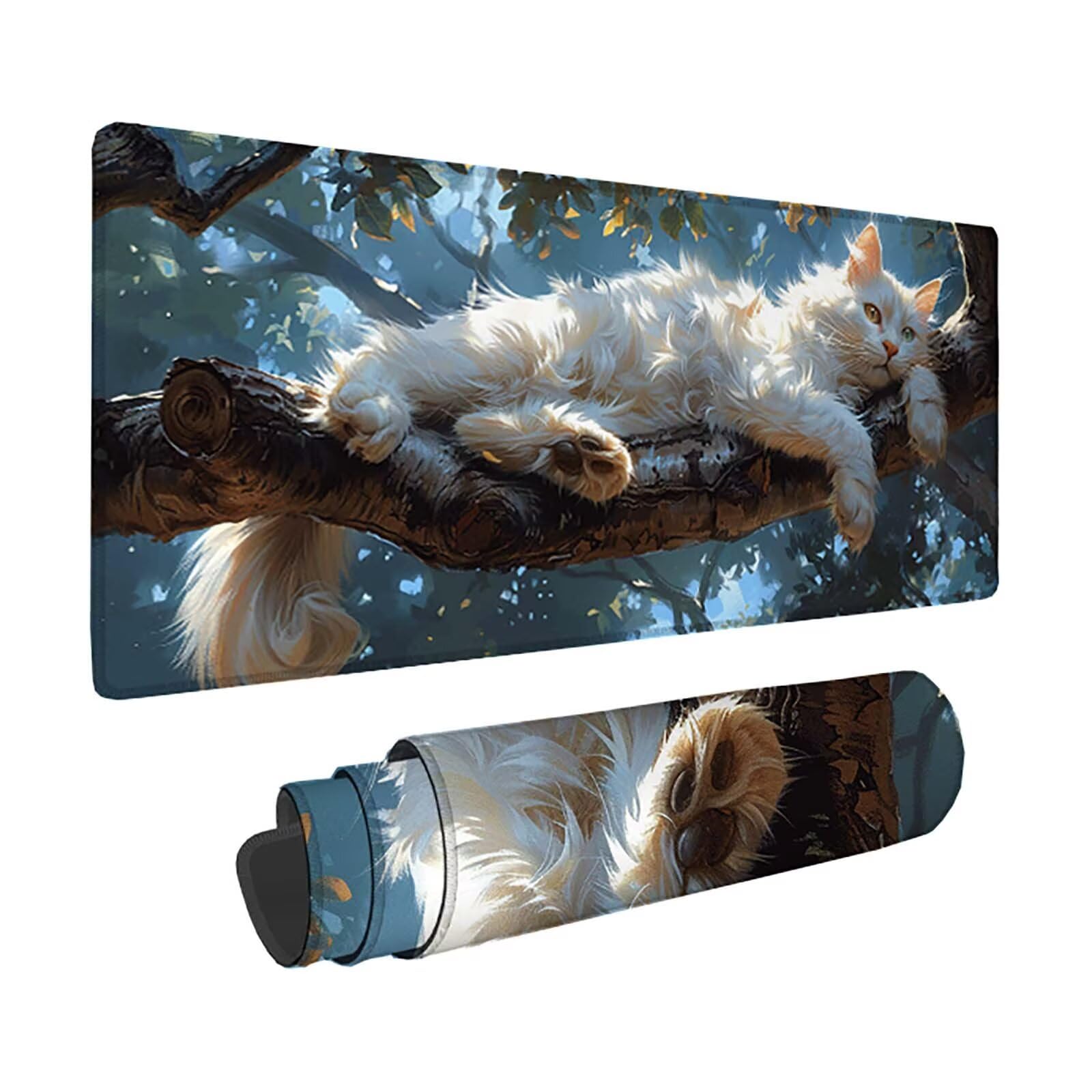 Blanco Alfombrilla Ratón Gato Alfombrilla Gaming XXL (1500 x 800 x 3 mm), Impermeable Mouse Pad con Bordes Cosidos Tapete Escritorio con Base de Goma Antideslizante para Gaming, Oficina -zzg2505Q6