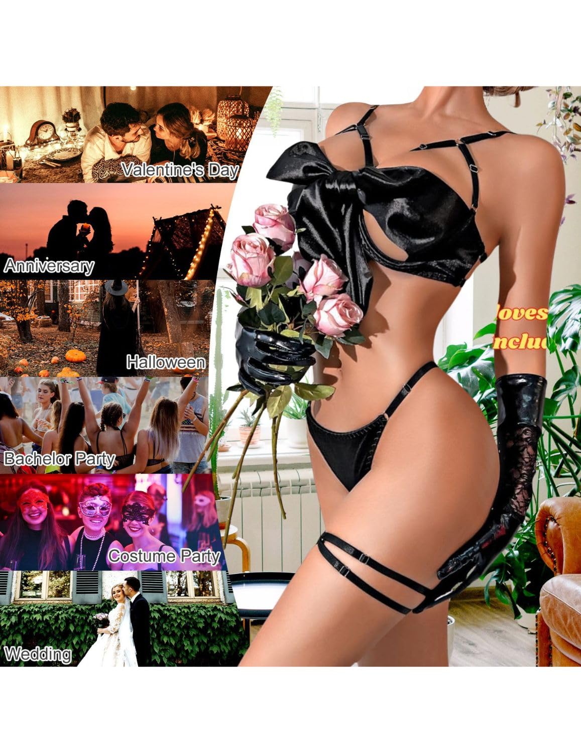 ROSVAJFY Women Sexy Satin Bow Lingerie Unwrap Me Naughty Lingerie 3 Piece Cute Bra and Panty Sets Ladies Valentines Outfit