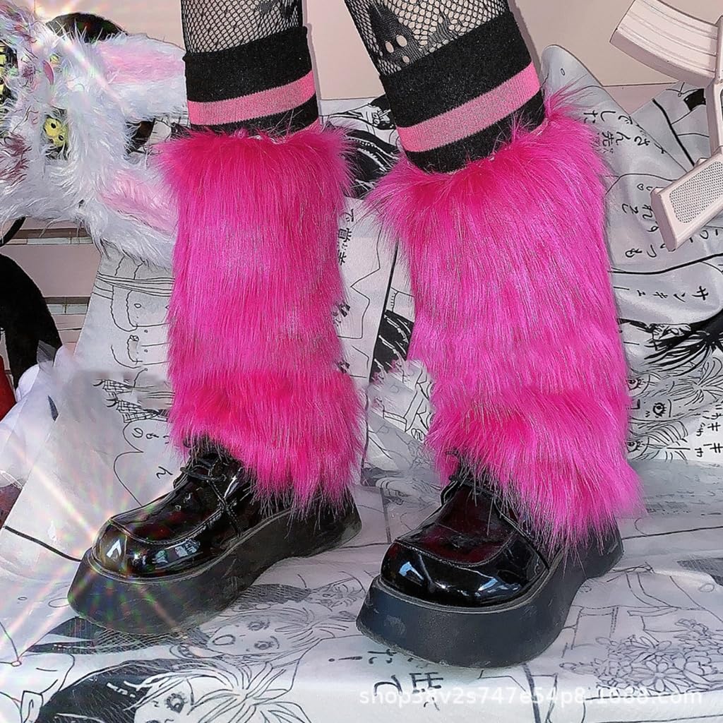 Women Girls Bright Rose Red Furry Leg Warmer Winter Fashion Faux Plush Boot Cuffs Long Socks