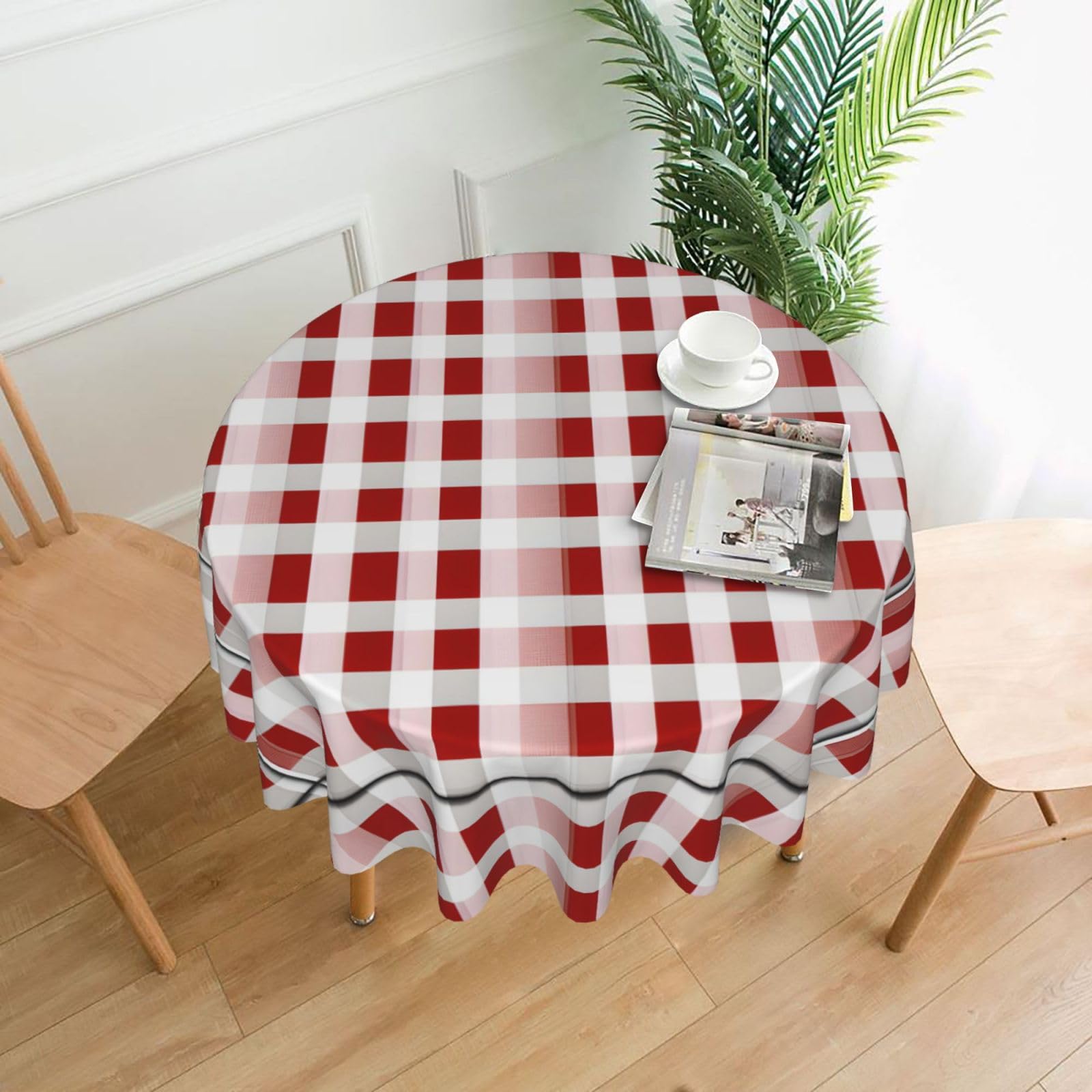 Nbtghga Red Checkered White Squares Print Tablecloth Round Border Table Cloth Cover Decorative For Party Holiday Dinning Tabletop Home