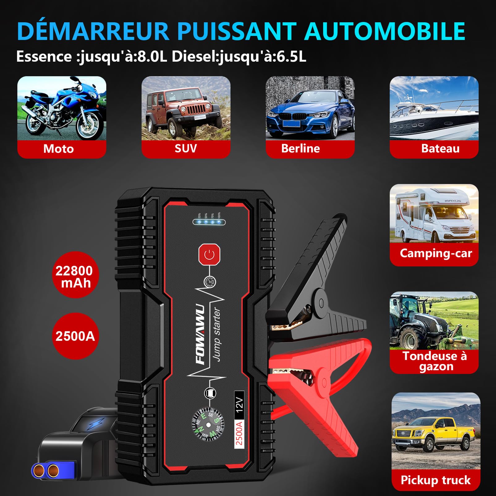 FOWAWU 2500A Booster Batterie Voiture,Démarre Moteurs 8L Ess/6,5L Diesel