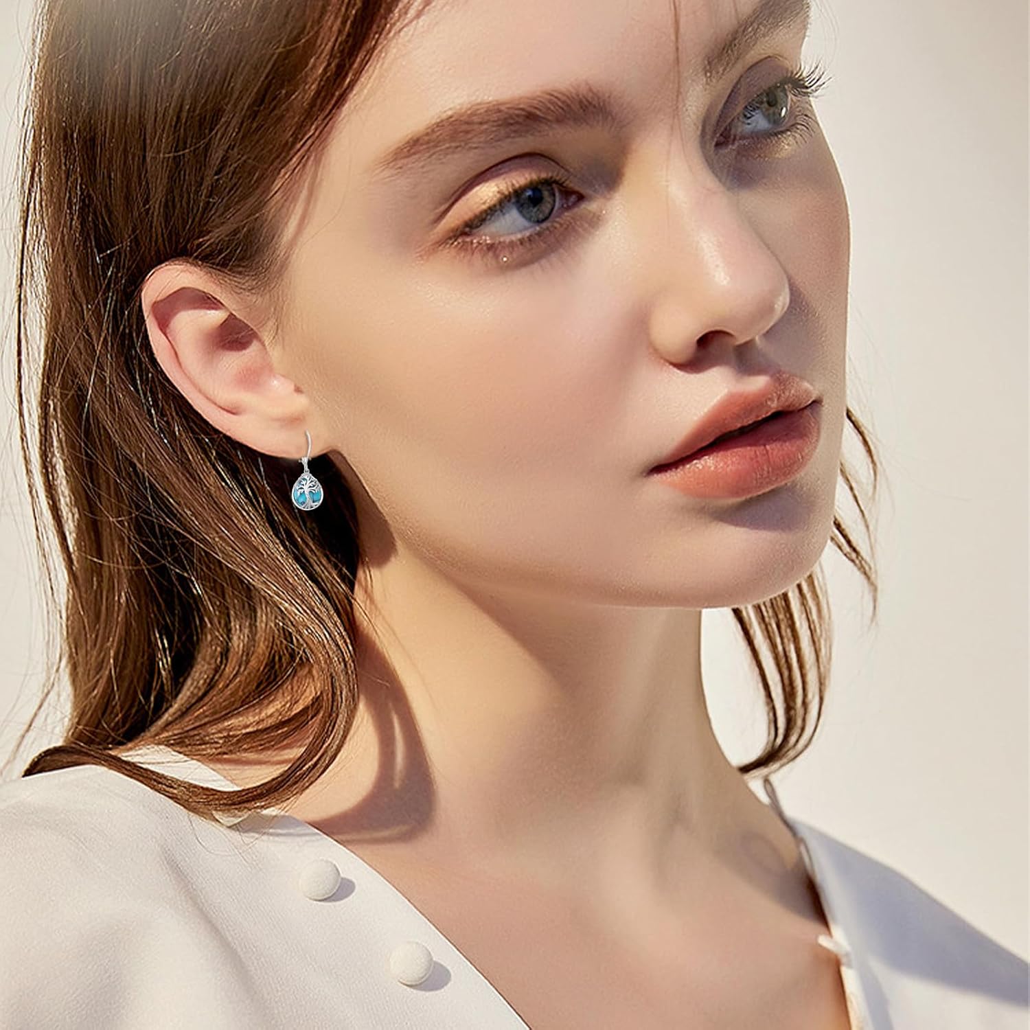 Teardrop Turquoise Leverback Earrings, 925 Sterling Silver Tree of Life Tiny Turquoise Family Tree Hypoallergenic Dangle Earring for Sensitive Ears for Women Daughter Girlfriend with Box