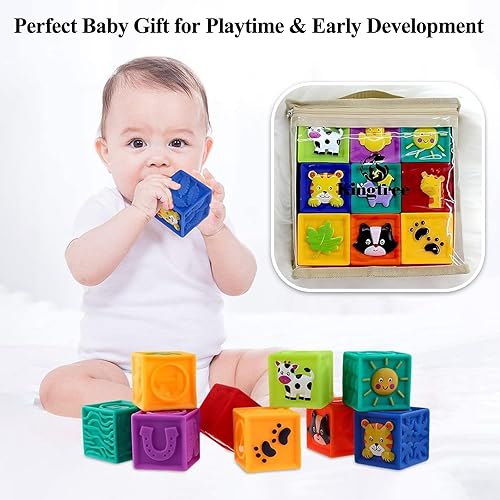 Miniatura 8 de Kingtree Bloques para bebés, 9 piezas de bloques de construcción suaves para bebés de más de 6 meses, juego de bloques educativos de dentición para