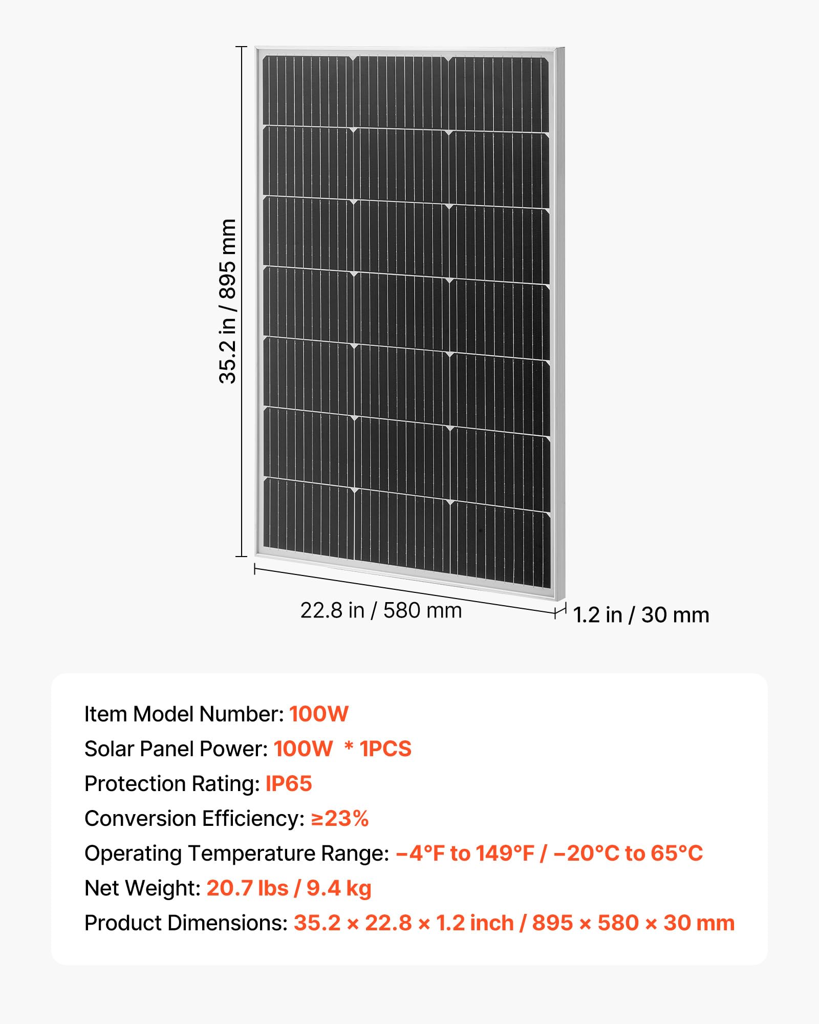 VEVOR Modulo Solare Monocristallino da 100 W ad Alta Efficienza con Uscita MC4 Stabile e Telaio in Alluminio, Impermeabile IP65 per Applicazioni su Tetti Piani per Auto, Barche, Camper