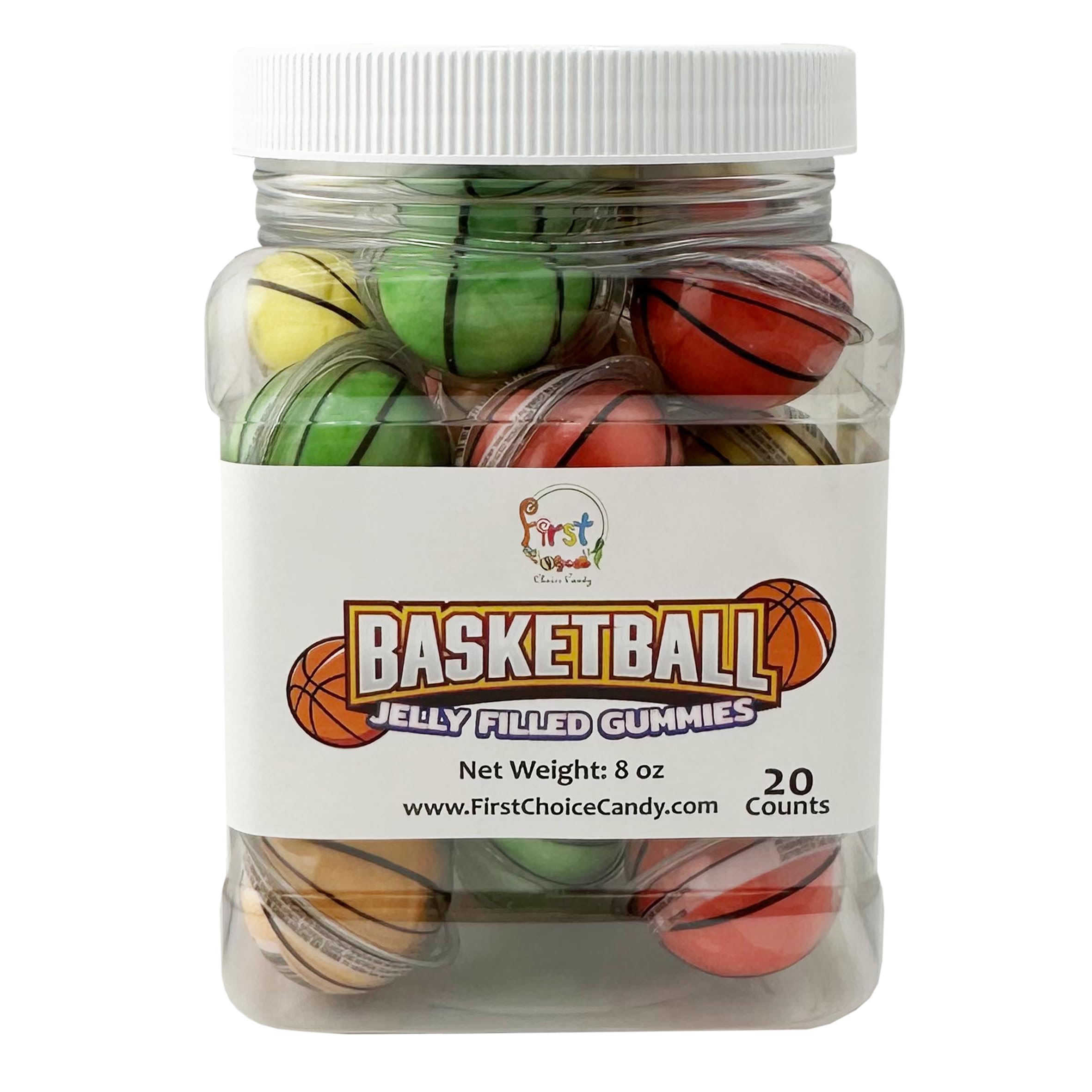 FirstChoiceCandy Jelly Filled Gummies - Assorted Flavor Gummy Filled Candies - Filled With Fruit Jams - 20 Pieces In Resealable Jar (Basketball)