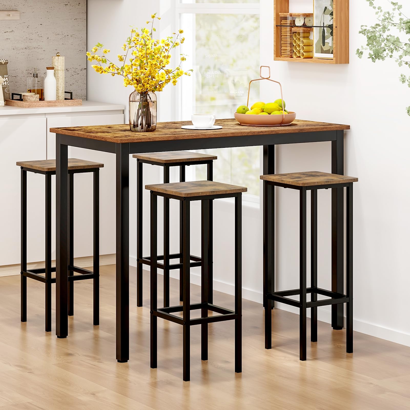 COSTWAY Juego de 4 Taburetes de Bar, 30 x 30 x 72 cm, Silla de Comedor con Marco de Metal y Asiento de Madera, Taburete Alto para Comedor Cocina, Fácil de Montar (72 cm)