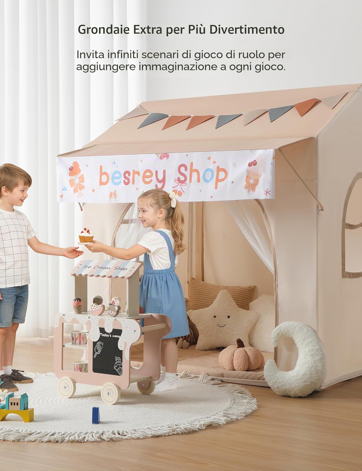 Besrey Tenda per Bambini 2-in-1, Tenda da Gioco con Tettoia per Interni ed Esterni, con Luci, Bandierine e Tappetino, Design Ampio per Lettura e Giochi Creativi - Regalo di Natale Ideale per Bambini