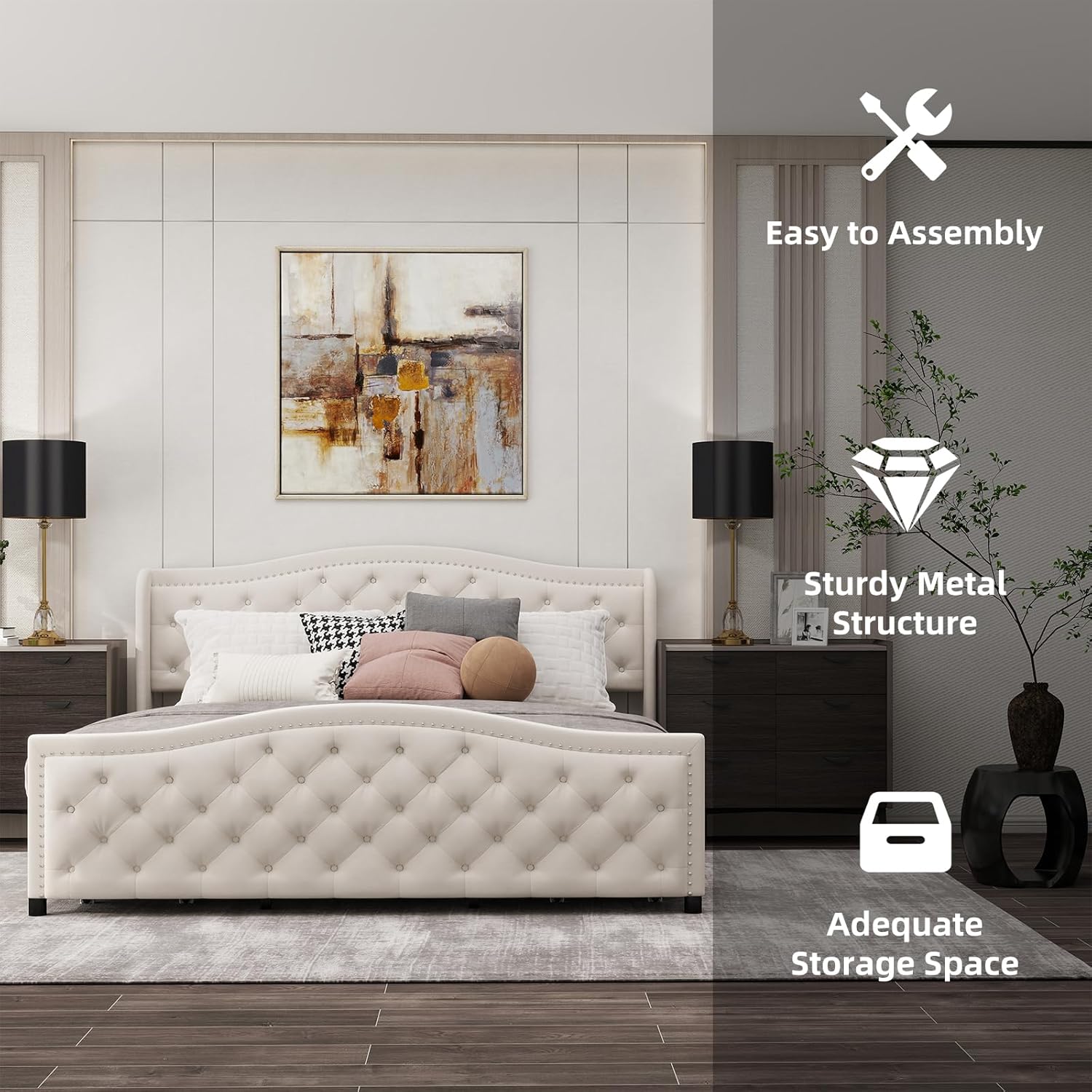 CANMOV King Size Upholstered Bed Frame with 4 Storage Drawers,Comfortable Fabric Platform Bed Frame with Wingback Headboard & Footboard,Wooden Slats Support,Button Tufted,No Box Spring Needed,Cream