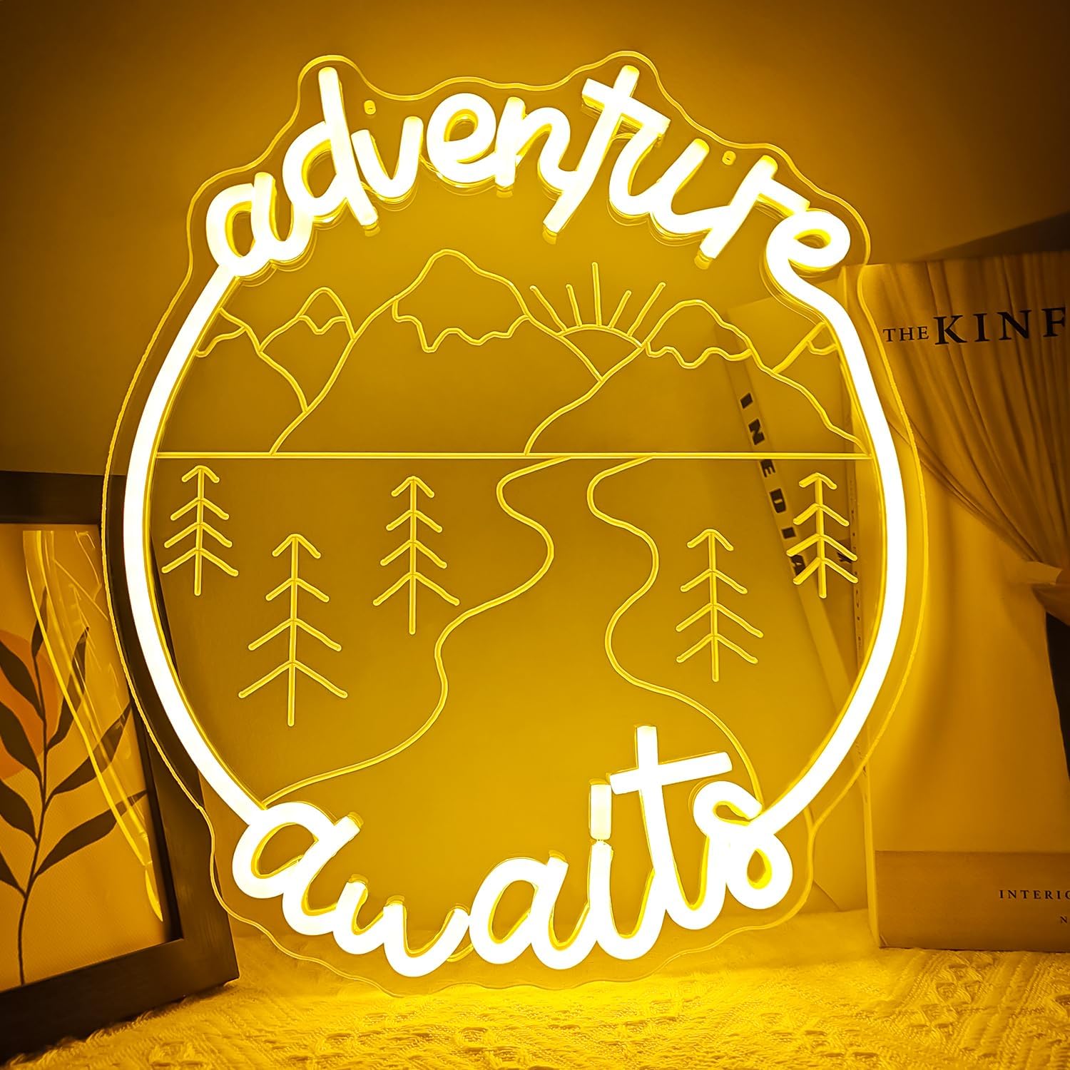 Adventure Awaits Neon Sign Dimmable Camping Neon Lights for Recreational Vehicle Decor Yellow LED Signs for Camping Party Decorations Adventure Neon Light Sign Gifts for Camping Lovers