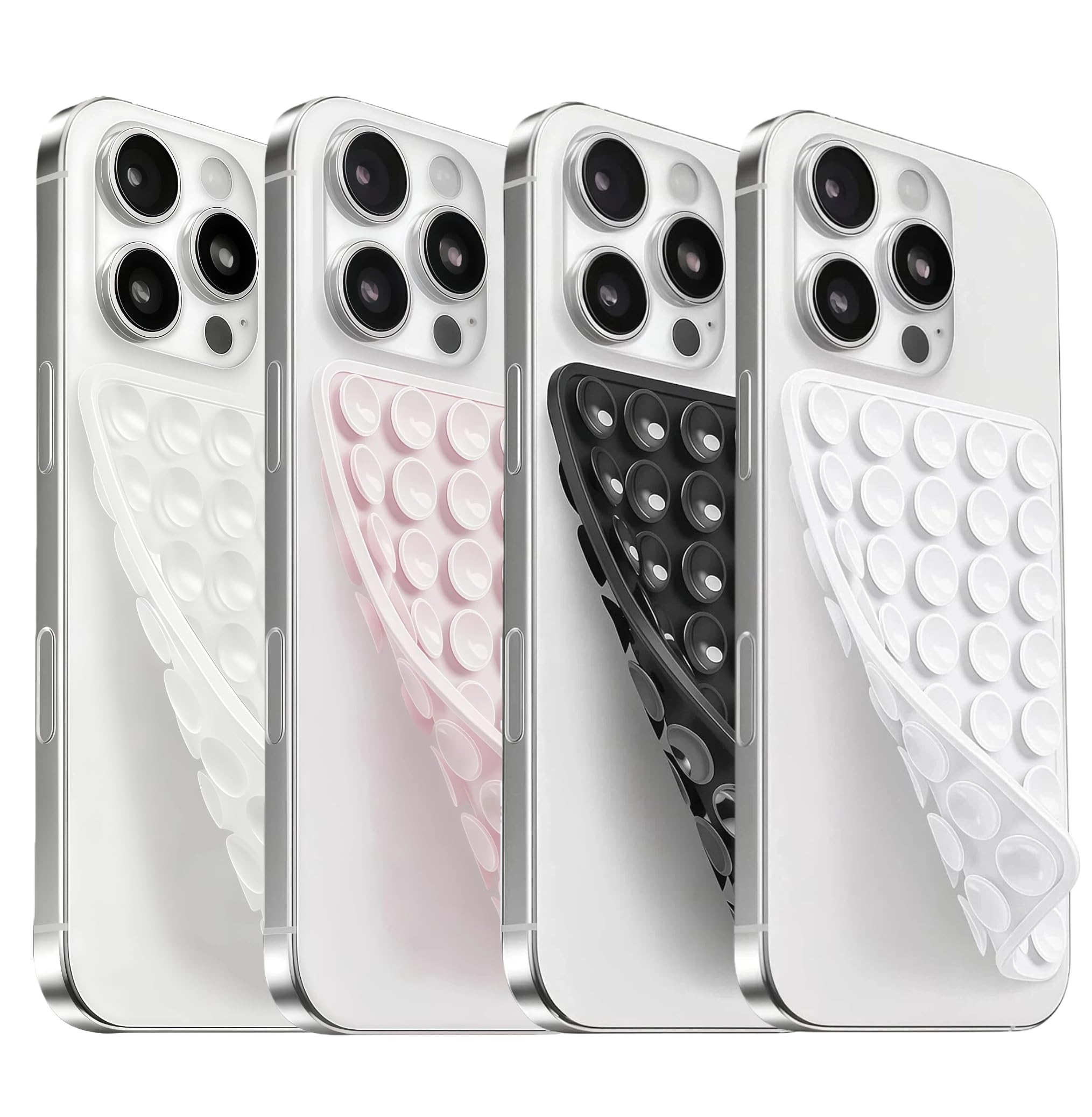 Paquete de 4 fundas de silicona con ventosa de doble cara, agarre adhesivo para teléfono celular, accesorios de teléfono manos libres para selfies y videos, transparente, rosa, negro y blanco