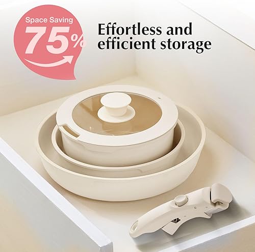 Miniatura 6 de Juego de utensilios de cocina de cerámica antiadherente blanca, juego de 5 piezas con asas desmontables, perfecto para cocinar todos los días,