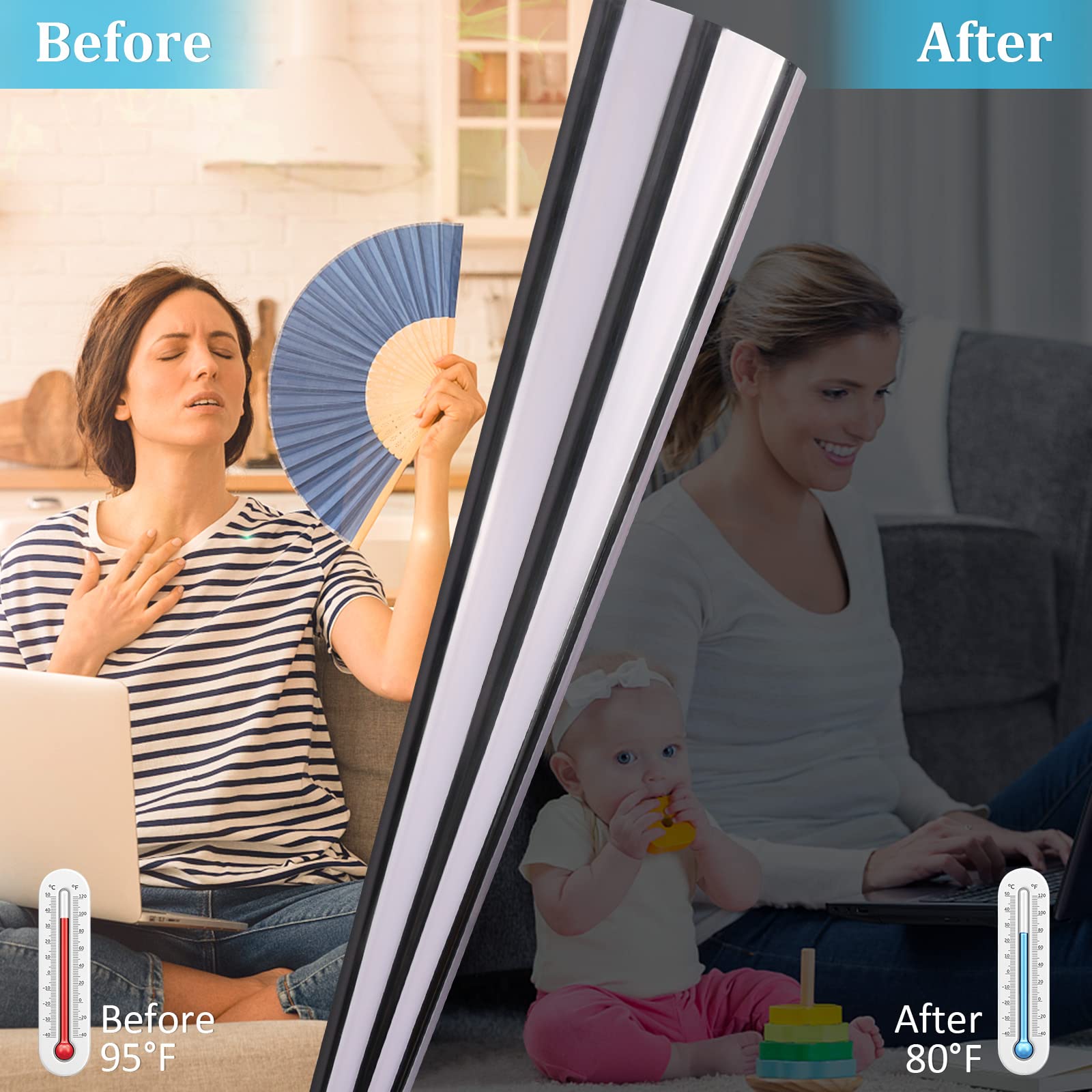 Window Tinting Film for Home: Reflective Window Film Sun Blocking, One Way Window Film, Heat Control Window Tint, No Glue Anti Glare Window Privacy Film See Out Not in (Silver,35.4x78.7inch)