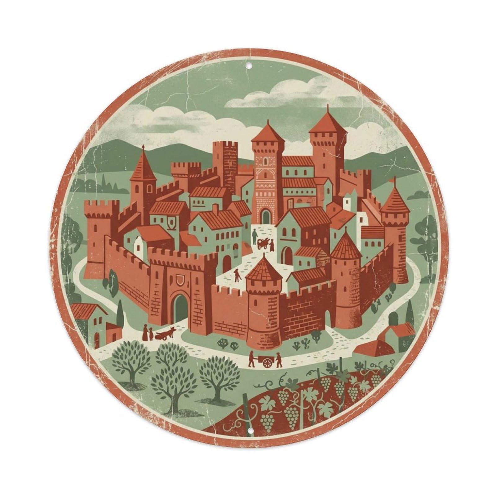 Fqcyn Style Vintage Travel Walls Croatia Fortress Metal Tin Sign Plaque Wall Decor For Cafe, Club Bar, Office, Home Garden Round Metal Poster 8X8inch