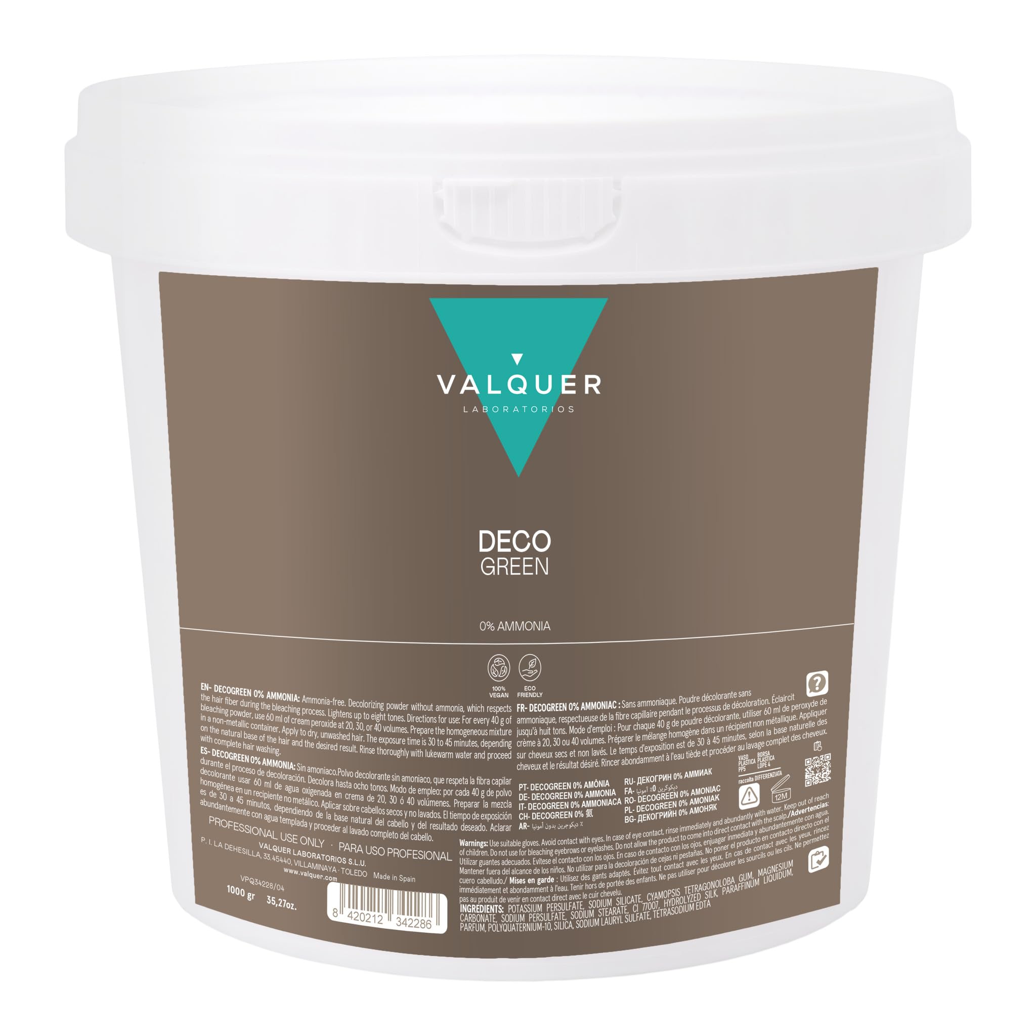 VALQUER Decogreen Polvere Decolorante Senza Ammoniaca | 1000 g | Schiarisce fino a 8 toni | Con proteine del grano per proteggere la fibra capillare | Formula vegana