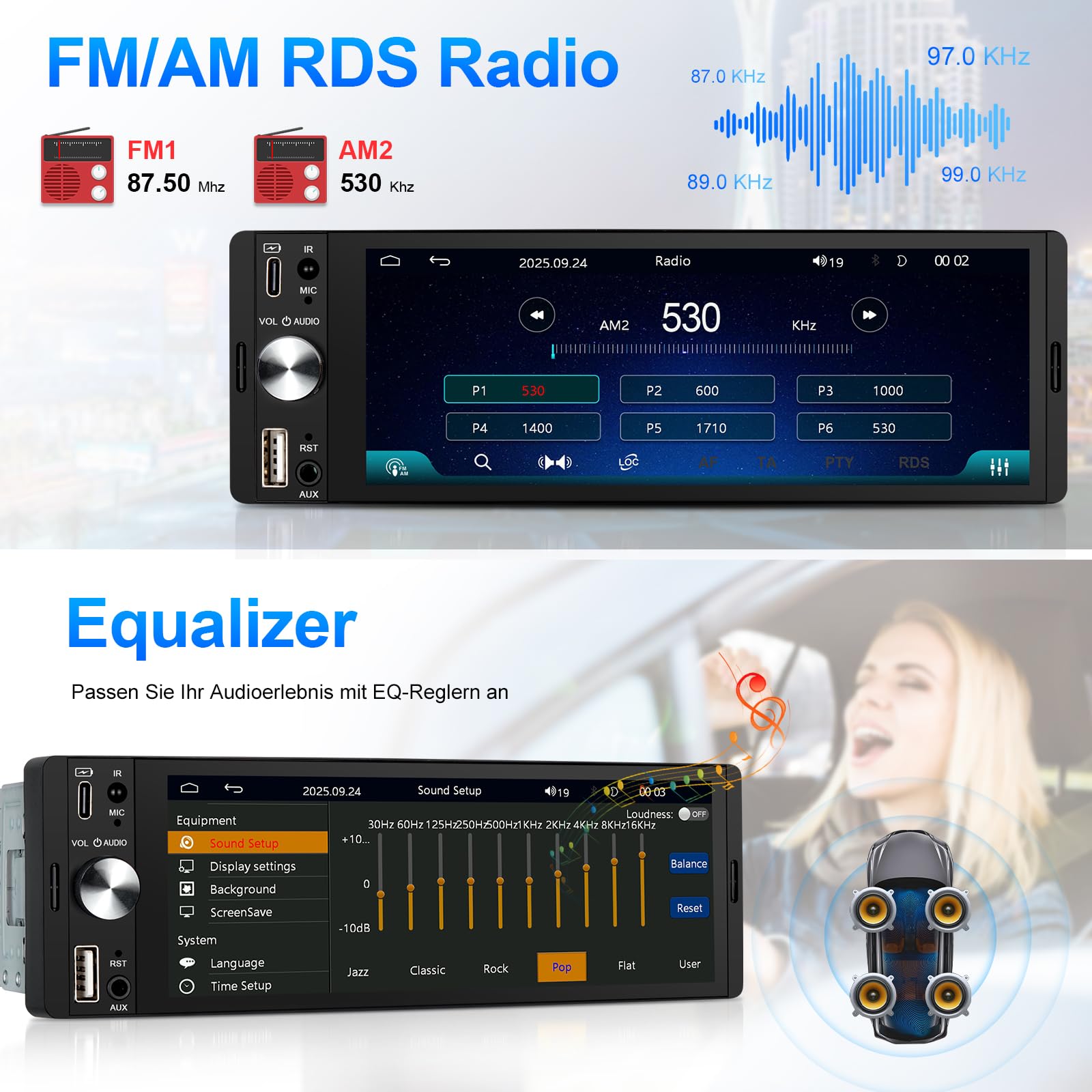 LEROAADZ 1 Din Autoradio mit Bildschirm Kompatibel mit Wireless CarPlay & Android Auto, 6,28 Zoll 1Din Car Radio with Carplay Display, Bluetooth, AM/FM RDS, USB/Typ-C, Aux-Eingang, Mirror Link