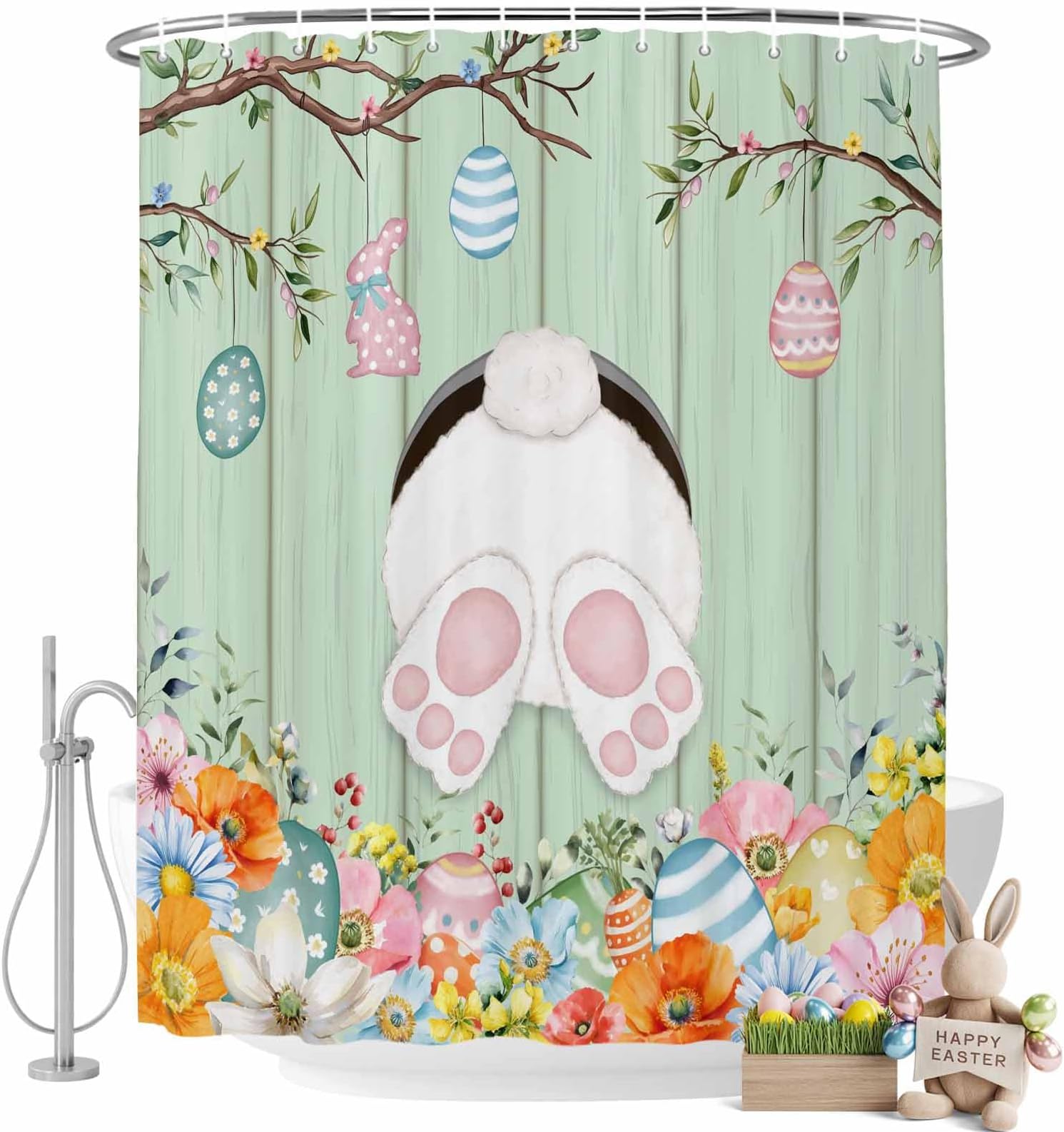 Easter Bunny Bathroom Shower Curtains with Hooks, Spring Rabbits Ass Colorful Eggs Flower Green Wood Grain Waterproof Fabric Washable Shower Curtain for Home Hotel Bathtub Decor 66x72 Inch