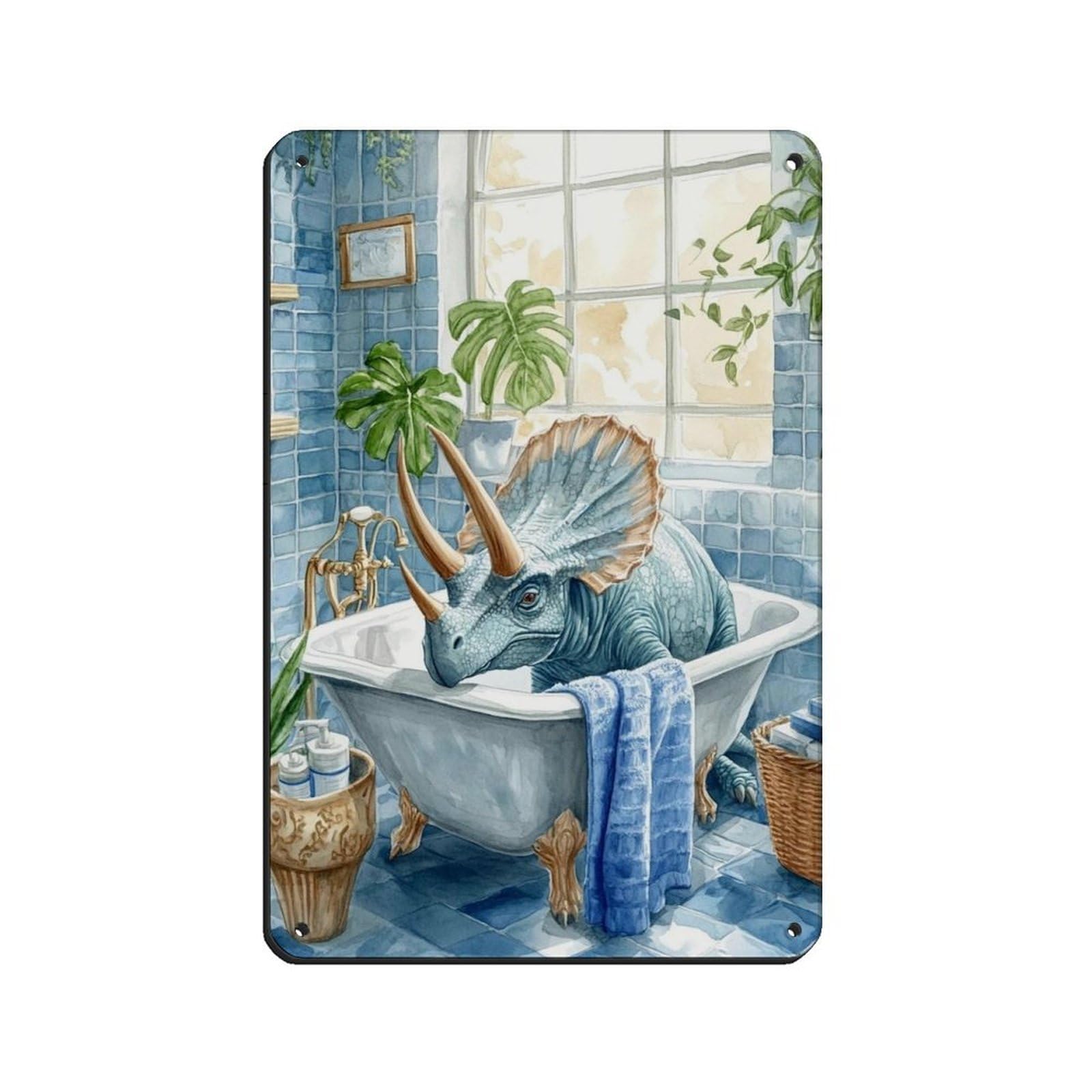 Bncedjk Style Triceratops Dinosaur In Tub Bathroom Tin Sign Vintage Metal Pub Club Cafe Bar Home Wall Art Decoration Poster Retro 8X12inch(20X30cm)