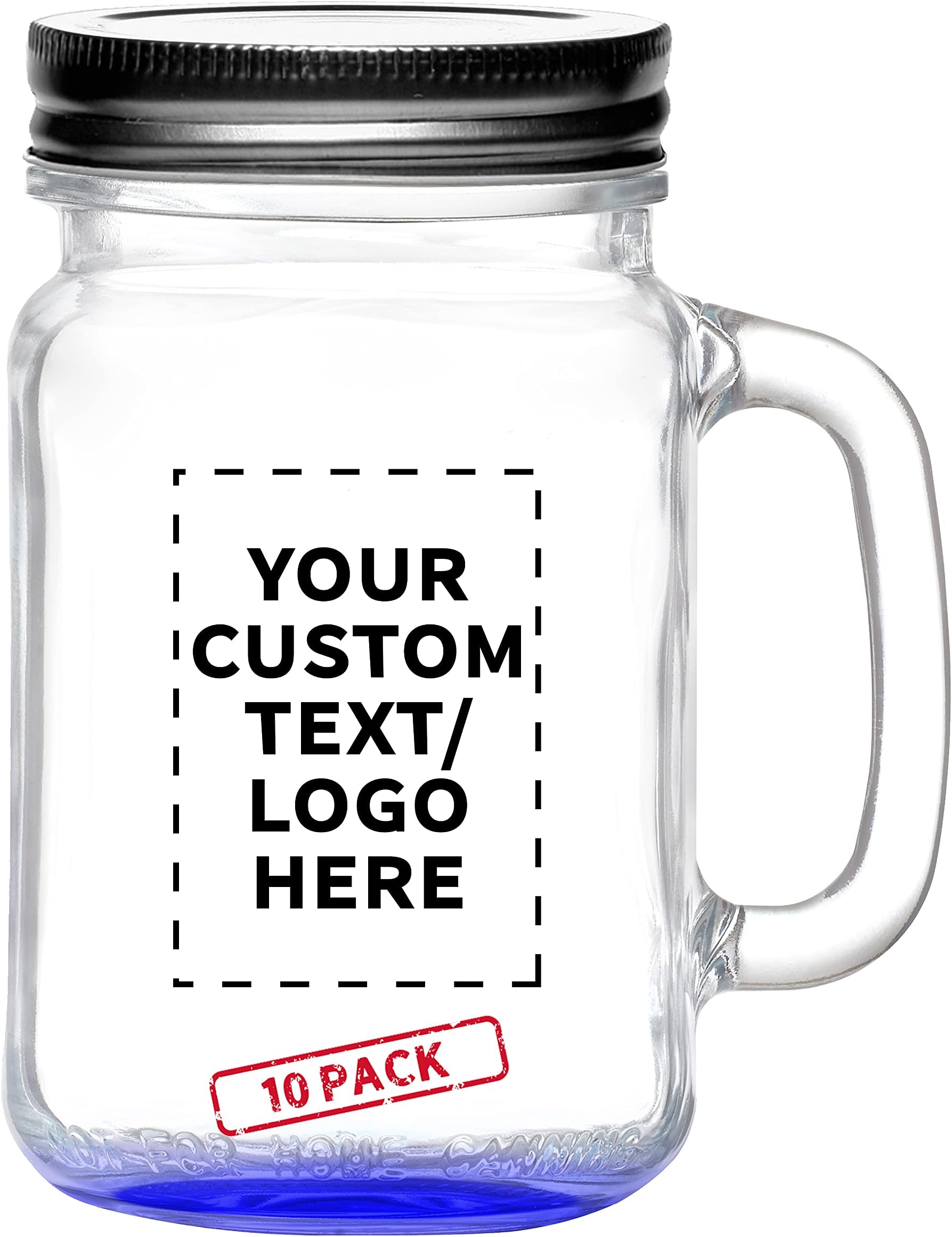 10 Libbey Handle Mason Jars with Lids Set, 16 oz. - Personalized Text, Logo - Traditional style, Drinking, Glassware - Blue