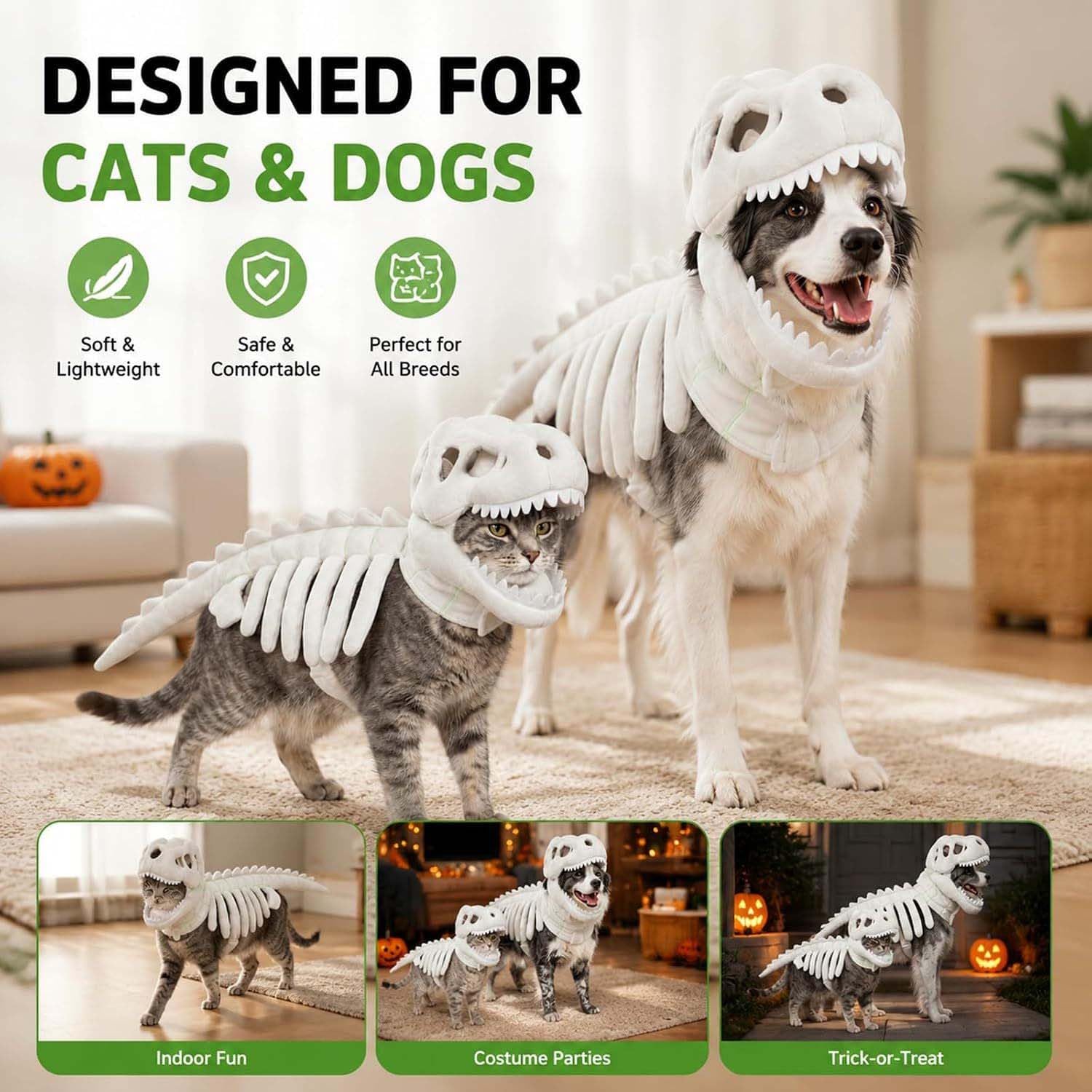 Dog Cat Pet Dinosaur Skeleton Costume,Funny Halloween Costumes，Green：XXL | Prehistoric Bone Pet Clothes with Dino Head Cover and Back,Pet Cosplay Outfits For Party Supplies,Medium Large Dogs Cats