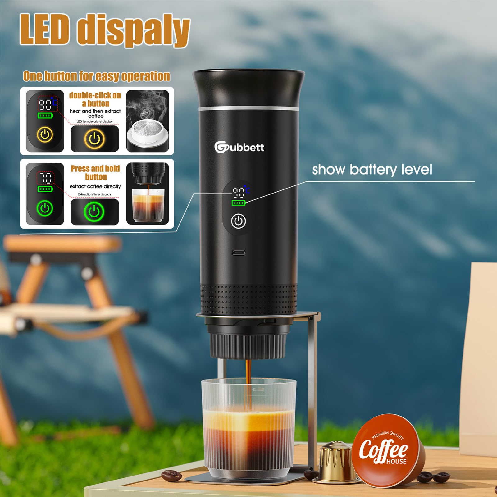 Nouvelle Machine à Café Espresso Portable,Machine à Cafe Portable 3 en 1 Compatible avec les Capsules Espresso et Poudre de Café,Auto-chauffante,Charge USB-C,Voyage,Camping,Bureau,Randonnée