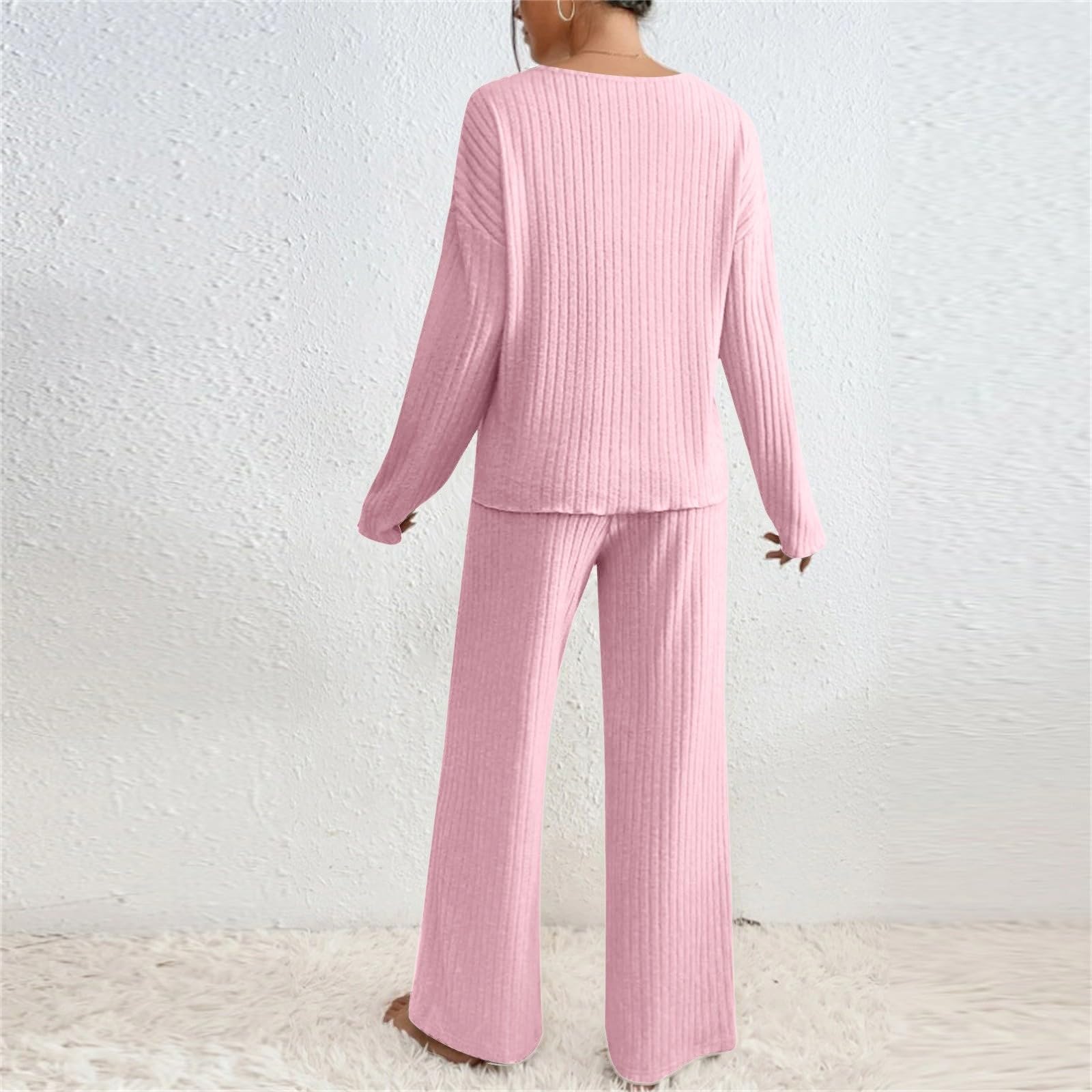 Loungewear - Conjunto de dos piezas para mujer, elegante pijama acanalado, ropa de casa, juego de pijama suelto, manga larga, cuello en V, parte superior de pierna ancha, pantalones, ropa de dormir