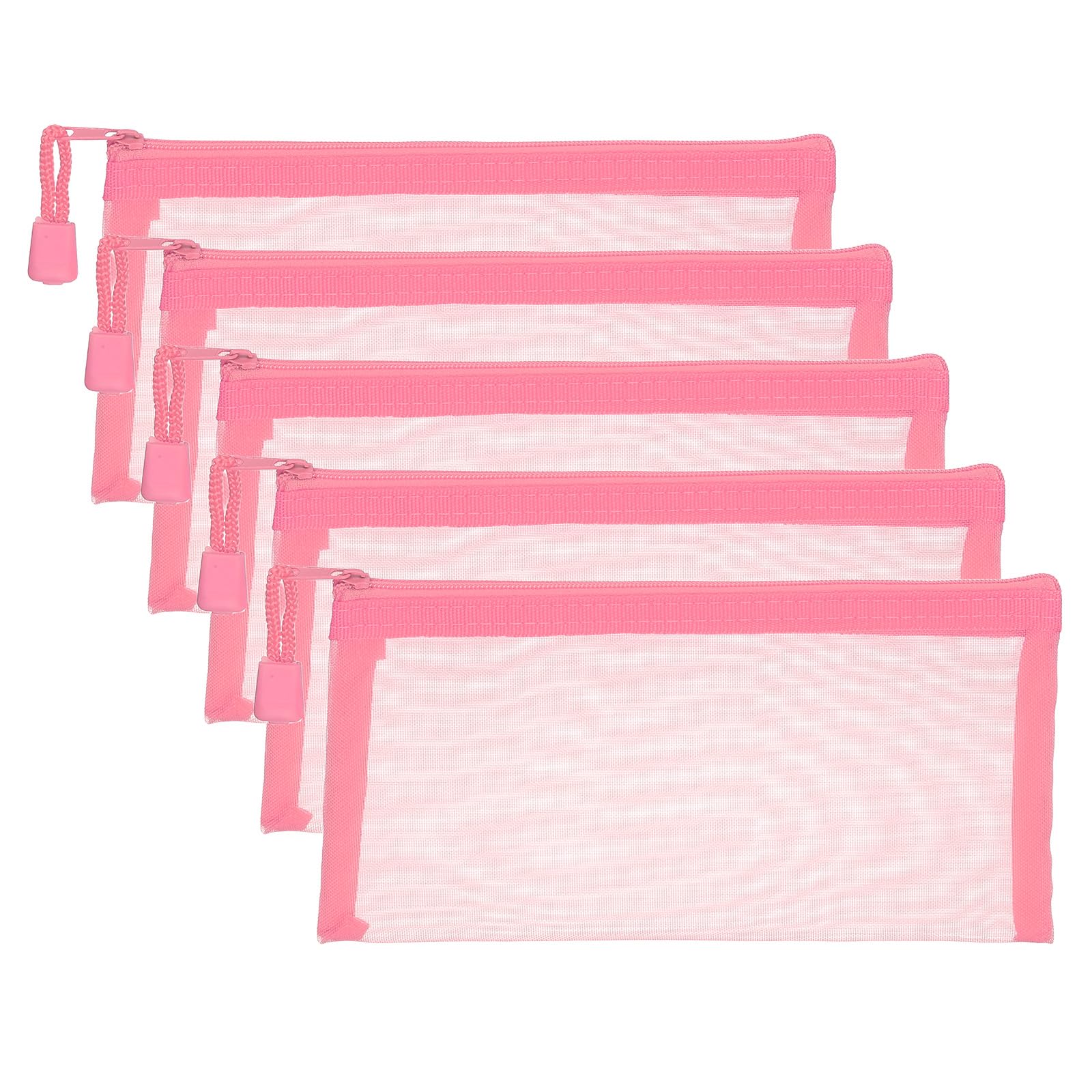 PATIKIL A6 Mesh Zipper Pouch Bags, 5 PCS Mesh Bags with Zipper Plastic Storage Pocket for Organizing File Beads Office Home Supplies, 10x20cm, Pink