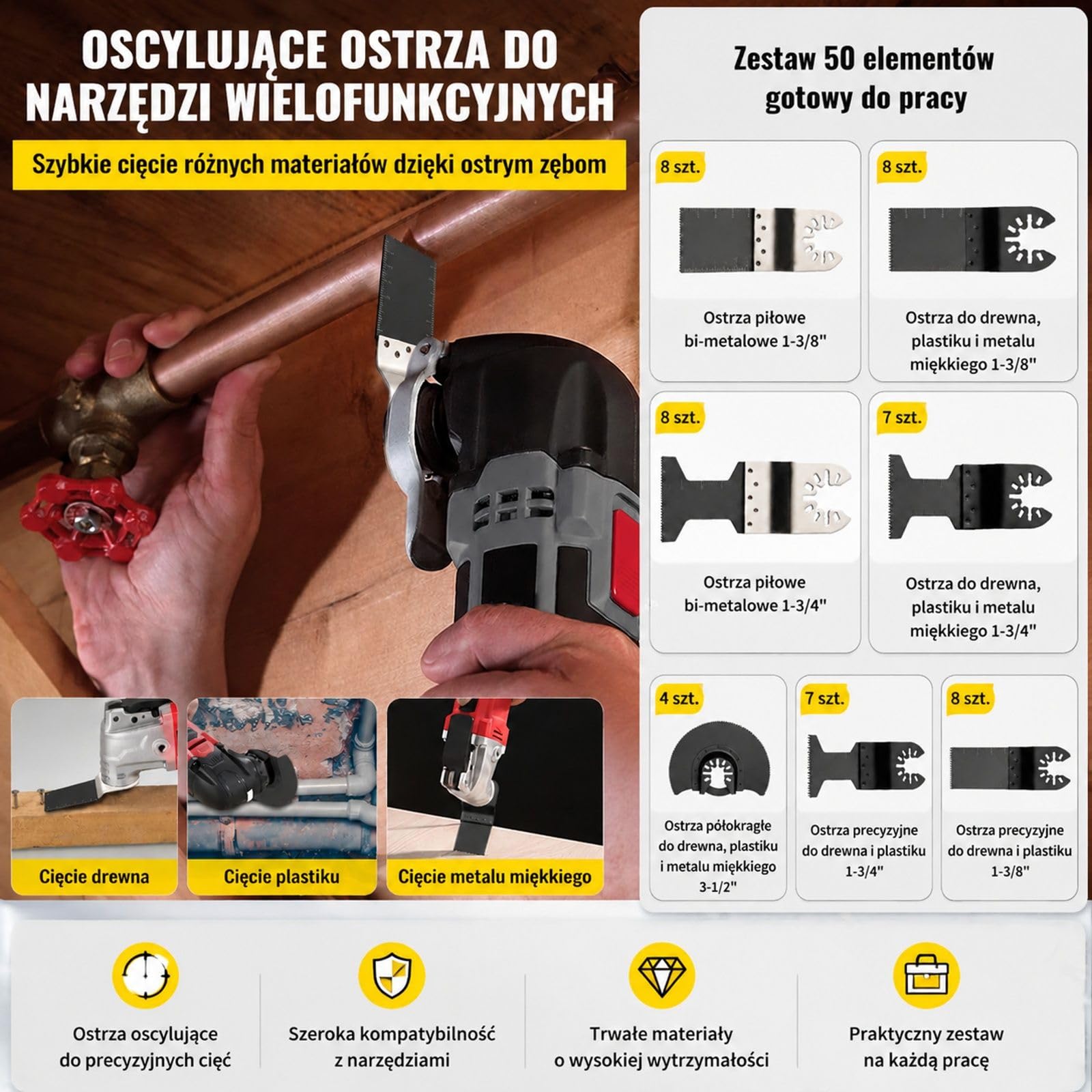 Ostrza do multinarzędzia oscylacyjnego, 50 szt, do drewna i metalu