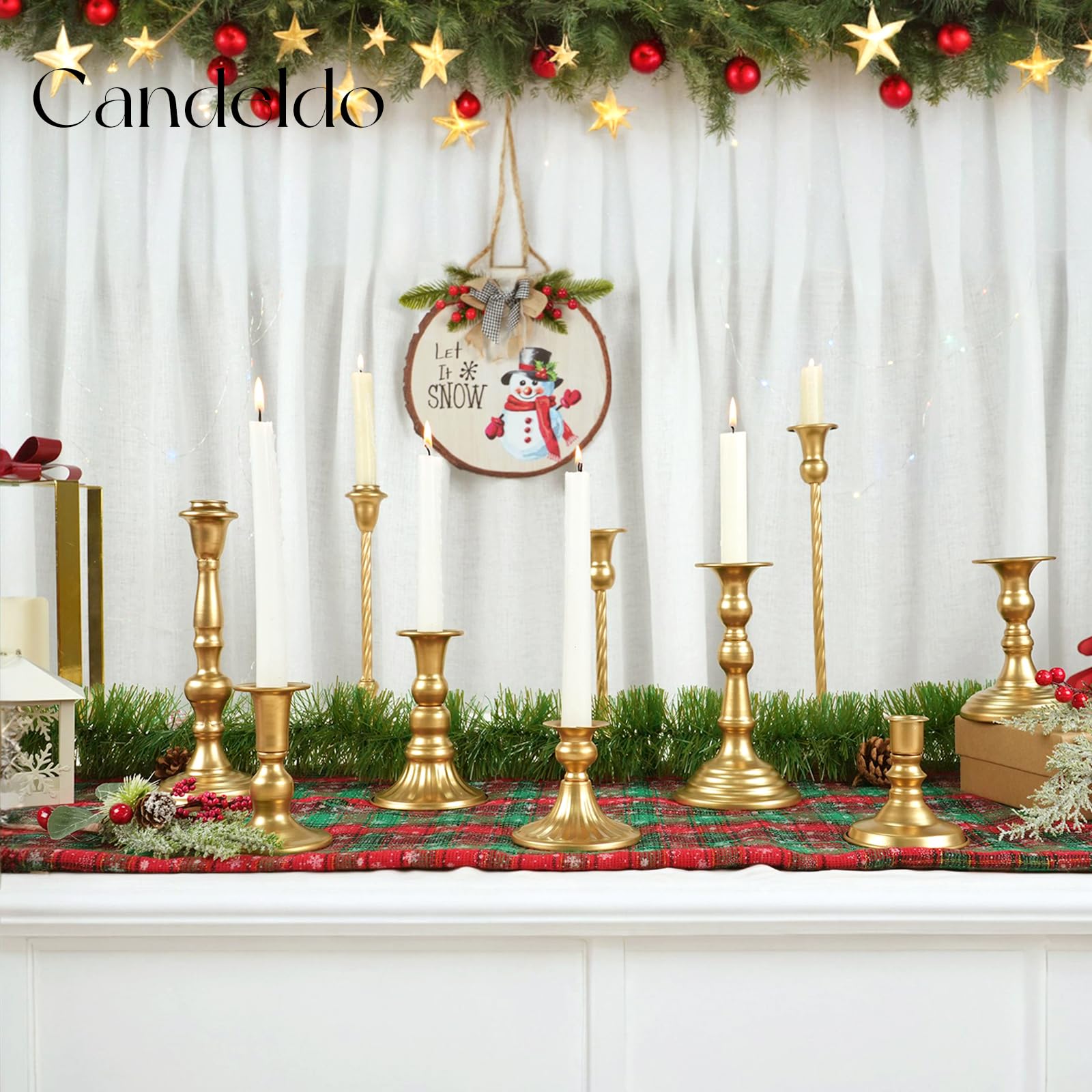 Candeldo Goldener Kerzenhalter: hohe Spitzkerzenhalter, Hochzeitsdekoration, Set mit 10 Messing-Tischen, Vintage-Kerzenständer aus Metall