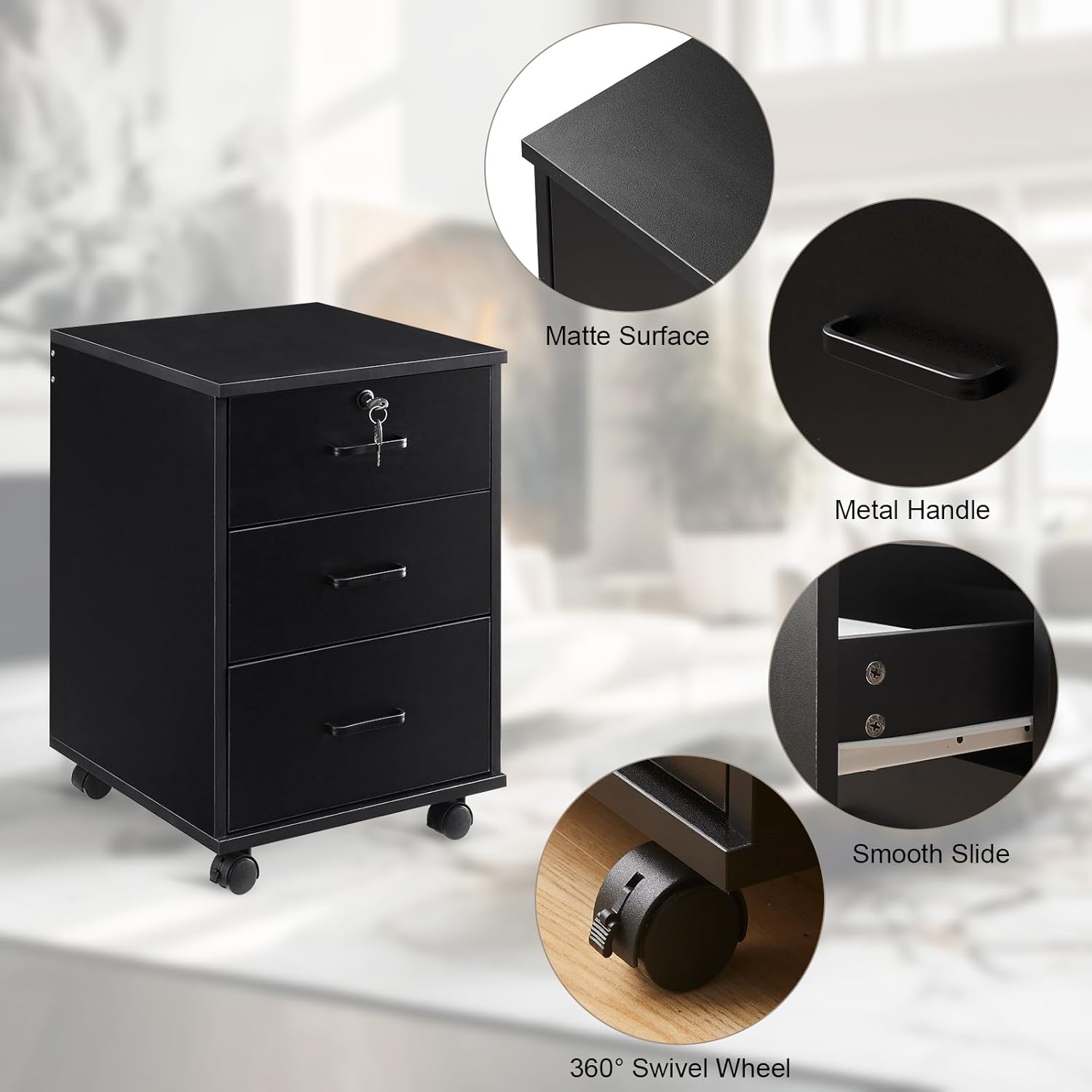 3 Drawer Mobile File Cabinet with Lock, Wooden Under Desk Filing Cabinet with Wheels, Small Rolling Storage Cabinet for Home Office Organizer A4/Letter Size/Legal, Black