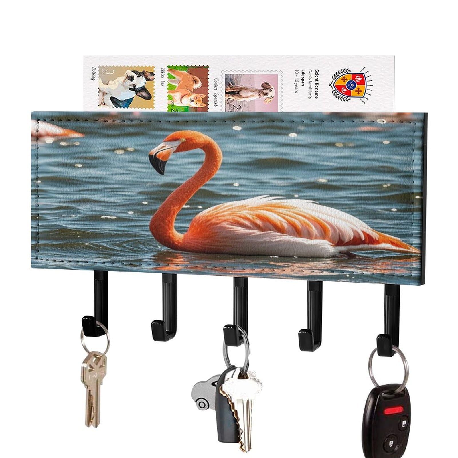 FekiLoot Flamingo Key Holder Wall Mount Key Hanger with 5 Hooks Decorative Key Rack Hanging Key Hooks with Mail Organizer Key Holder for Wall Living Room Kitchen Bathroom Hallway Black