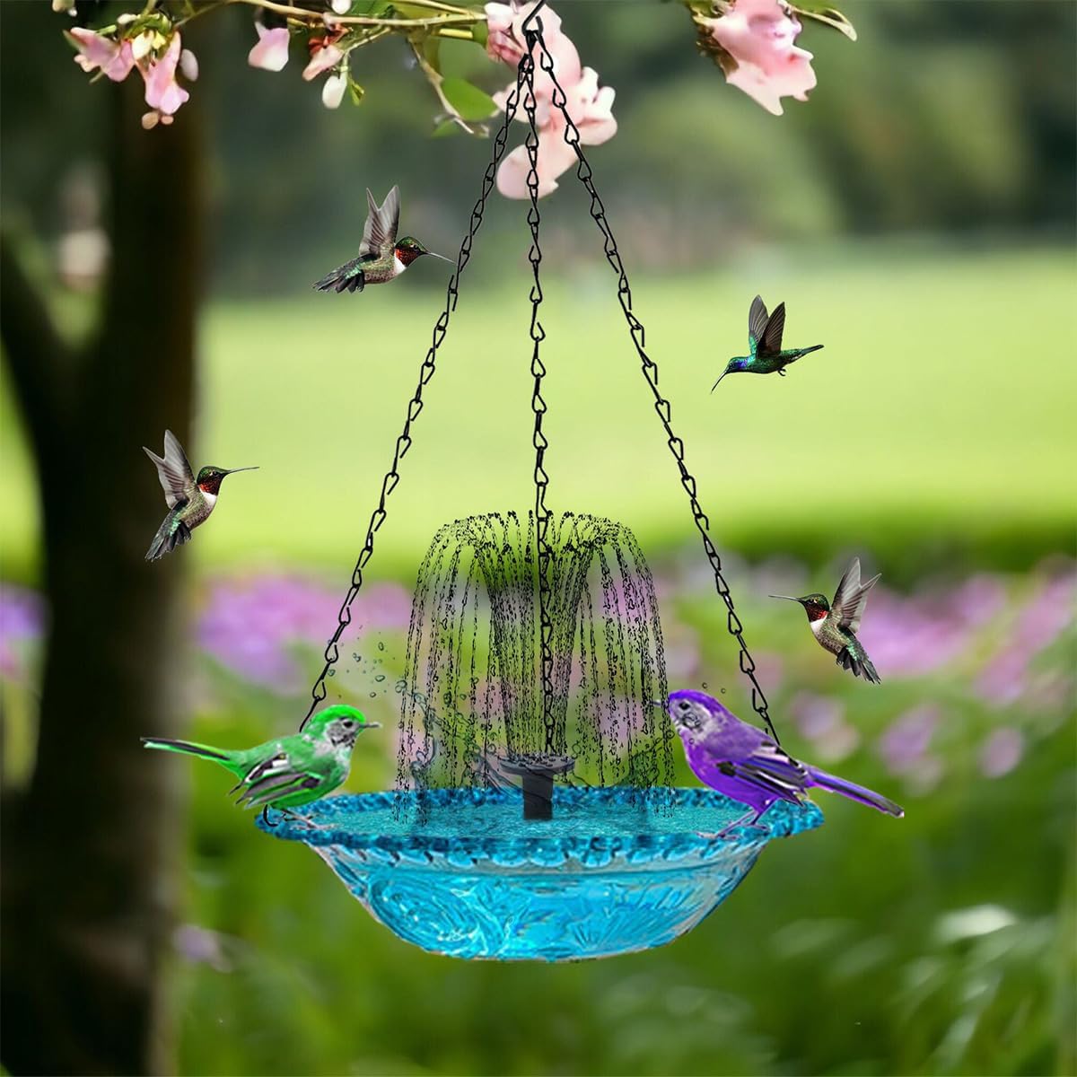 Solar Cascade Hanging Bird Bath Fountain, Outdoor Bathable Bird Feeder, No Wiring or Power Required, Attract Wild Birds & Hummingbirds, for Outdoor Garden, Terrace Decoration (Pink, Double Layer)