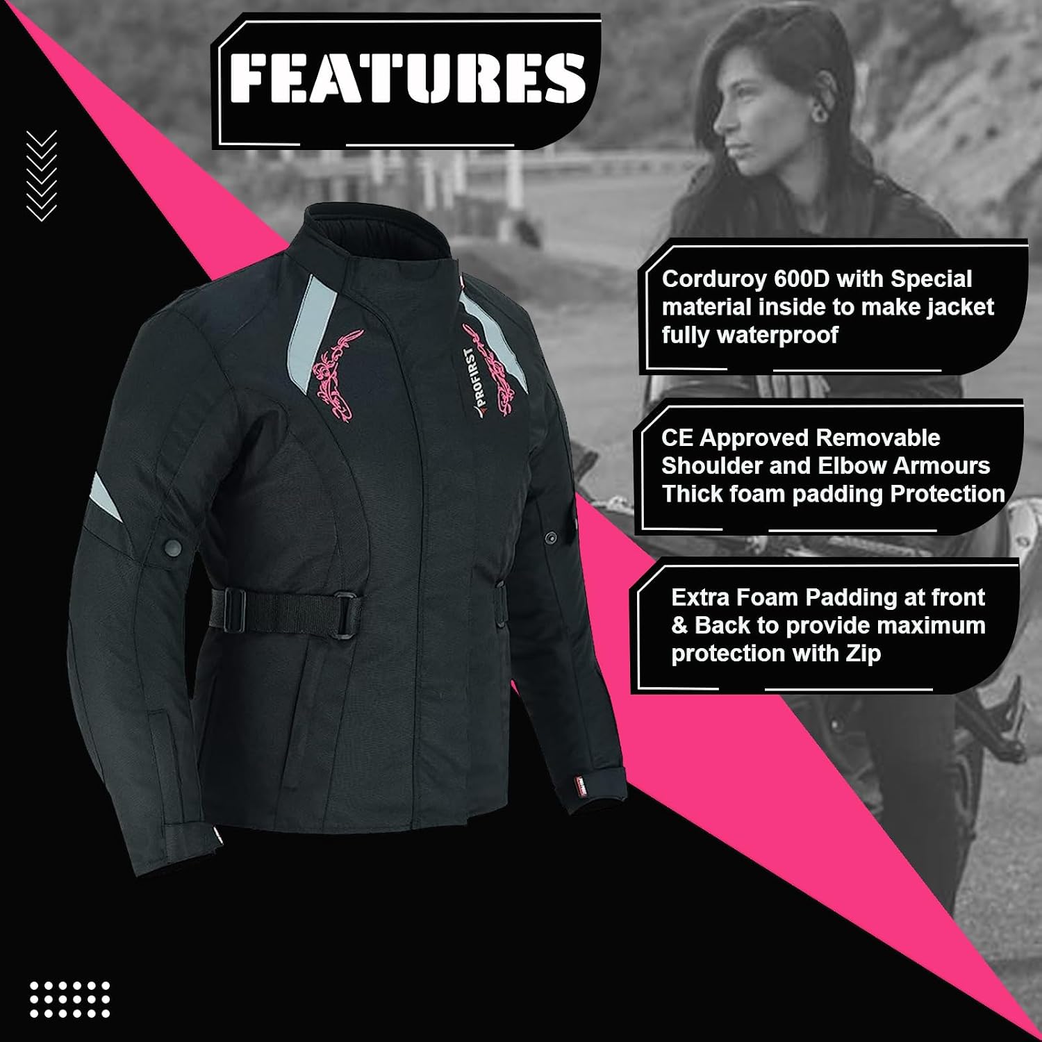PROFIRST Women’s Motorcycle Jacket with CE Armor – Waterproof 4 Season Riding Jacket with Reflective Panels & Adjustable Fit