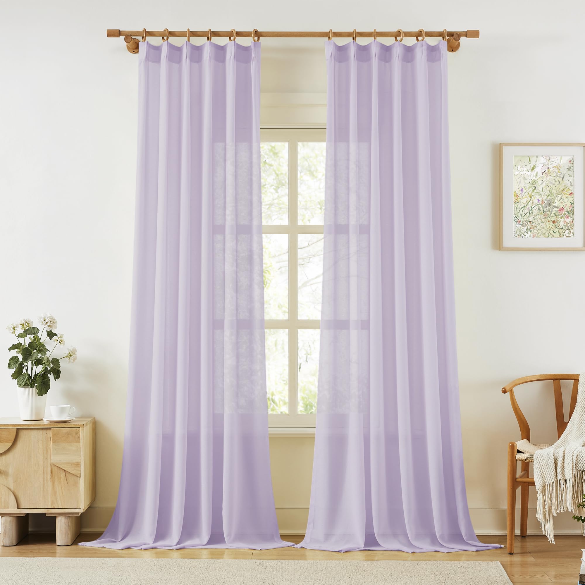 Light Purple Pinch Pleated Sheer Curtains for Bedroom 96 Inches Long, Airy Lightweight Textured Voile Curtains for Doorway, Sunlight Filtering Privacy