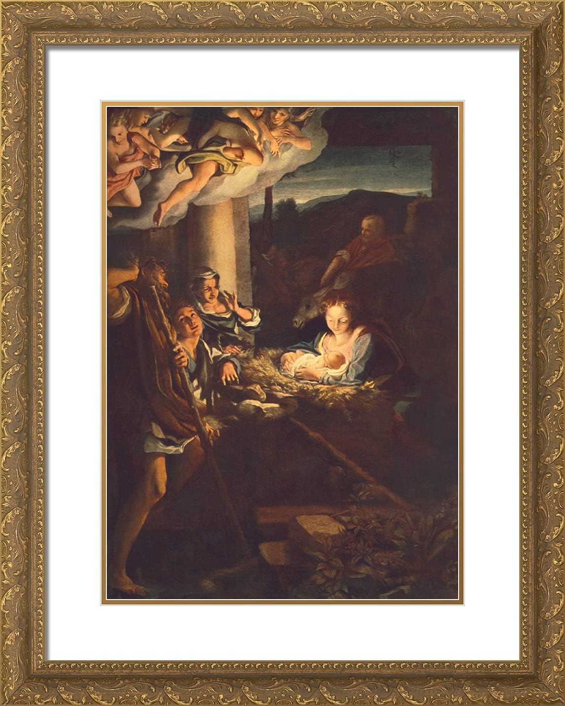 ArtDirect Correggio 20x24 Gold Ornate Framed Art Print with Double Matting Titled: Adoration of the Shepherds, The Holy Night
